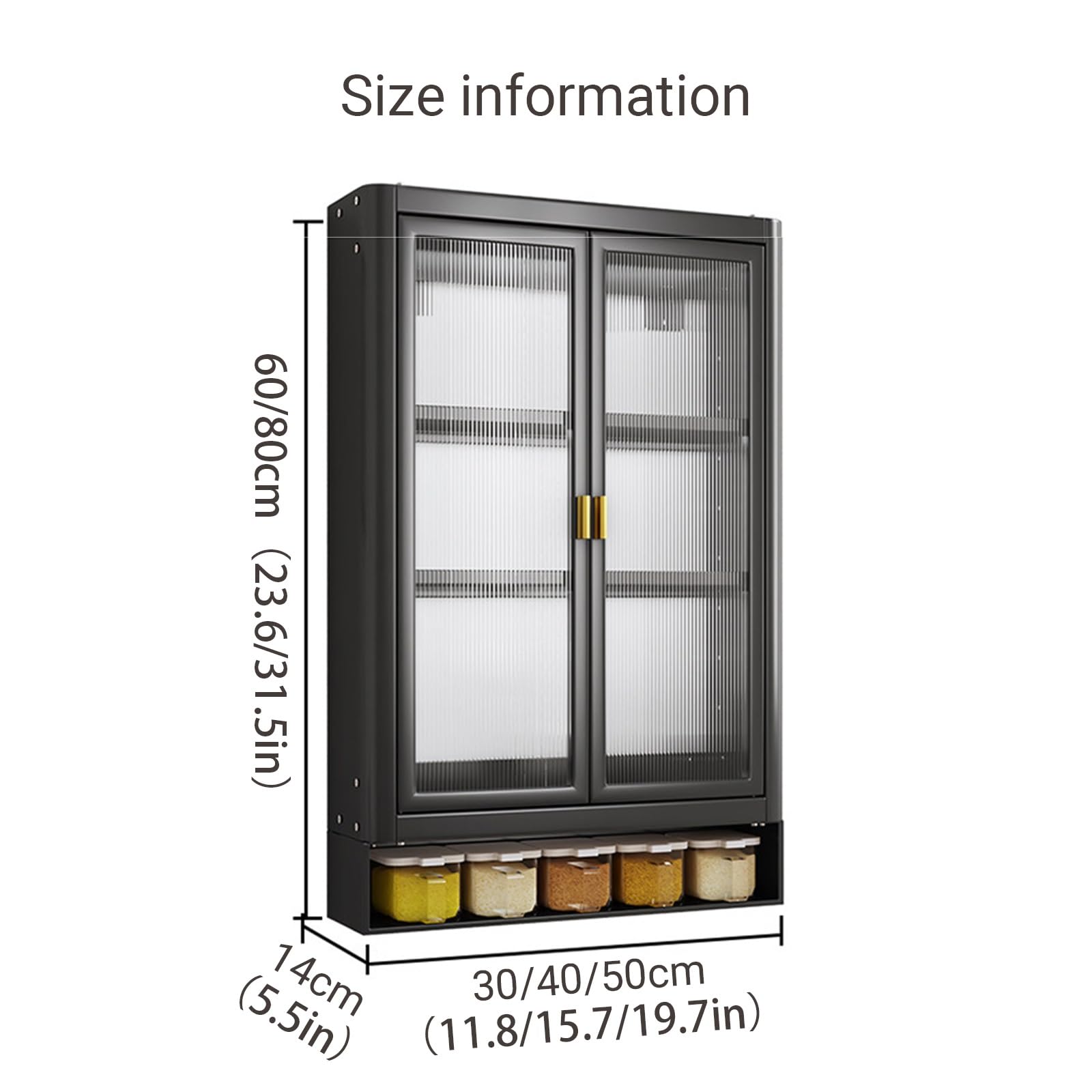 Armoire de cuisine murale avec boîte coulissante en métal, portes en acrylique, étagère peu encombrante, double porte à 3 niveaux (noir, 50 x 14 x 80 cm)