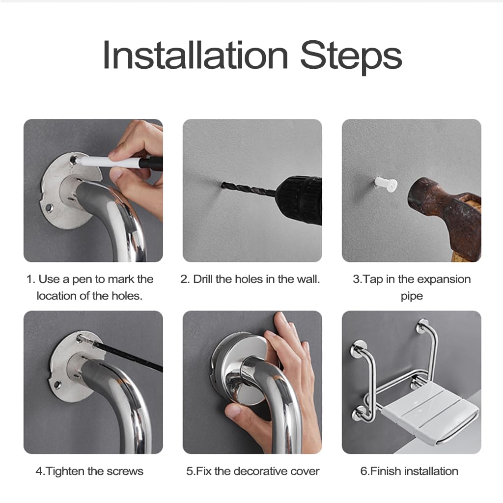Asiento de ducha plegable, montado en la pared con reposabrazos, hecho de acero inoxidable 304, taburete de baño abatible para personas mayores y discapacitados, dispositivo de asistencia de seguridad