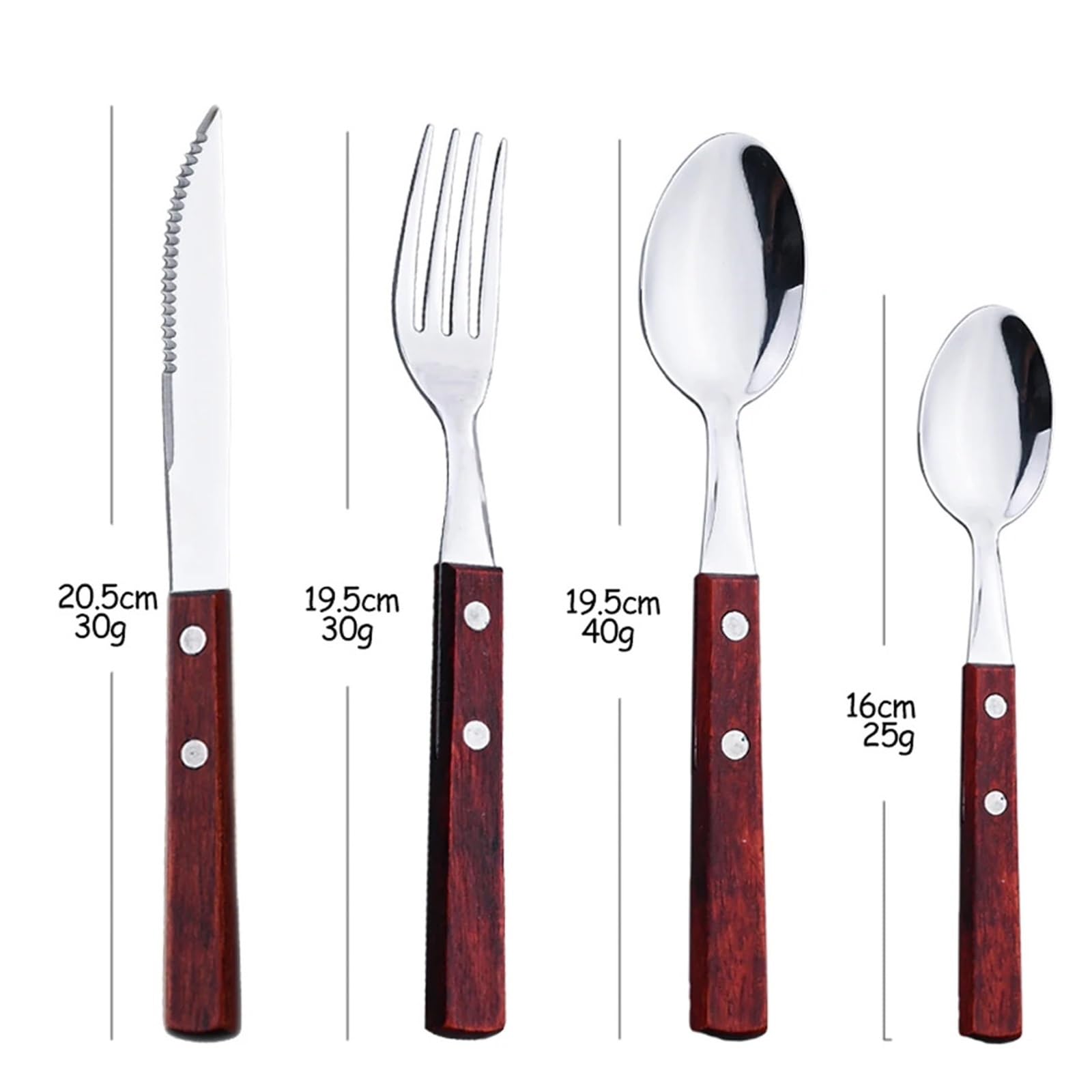 Juego de cubiertos con mango madera, vajilla acero inoxidable, tenedor, cuchara té, 24 Uds(Red wood 24pcs)