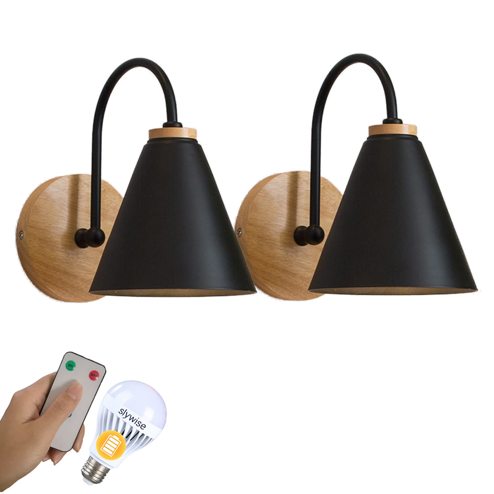 YuanlingModern Battery Operated Wall Sconce with Remote, Dimmable Wall Sconce Set of Two, Indoor Black Wireless Wall Lamp Fixture for Bedroom Wall Decor, Easy Installation, Bulb Included