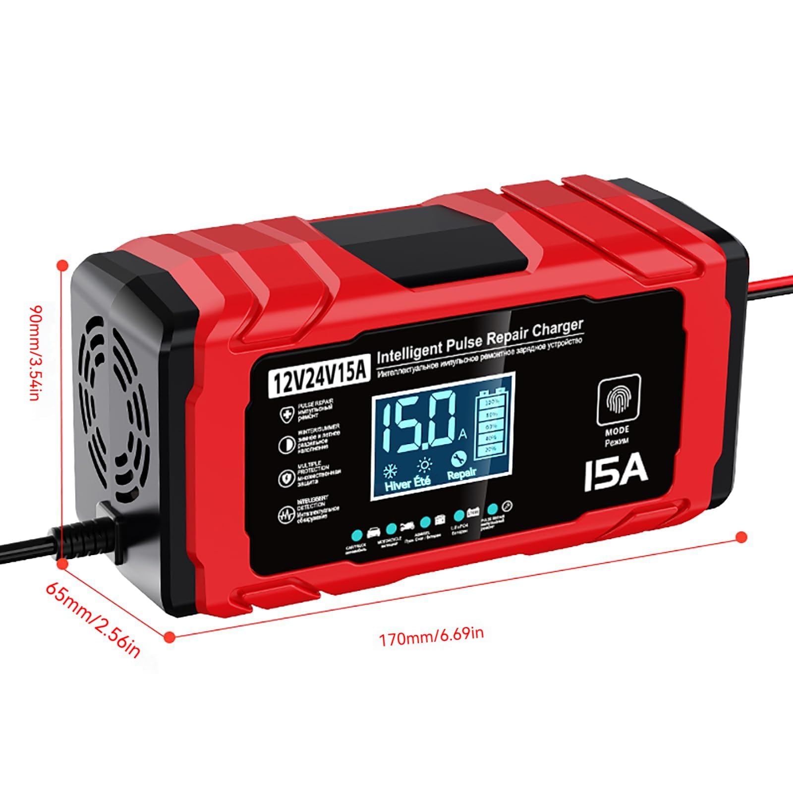 Chargeur Batterie Voitures 12V/24V 15A, avec Compensation de Température,Booster Batterie Universel Intelligent, Maintien de Charge Sûr Et Efficace, pour Voiture, Camion, Moto (Rouge)