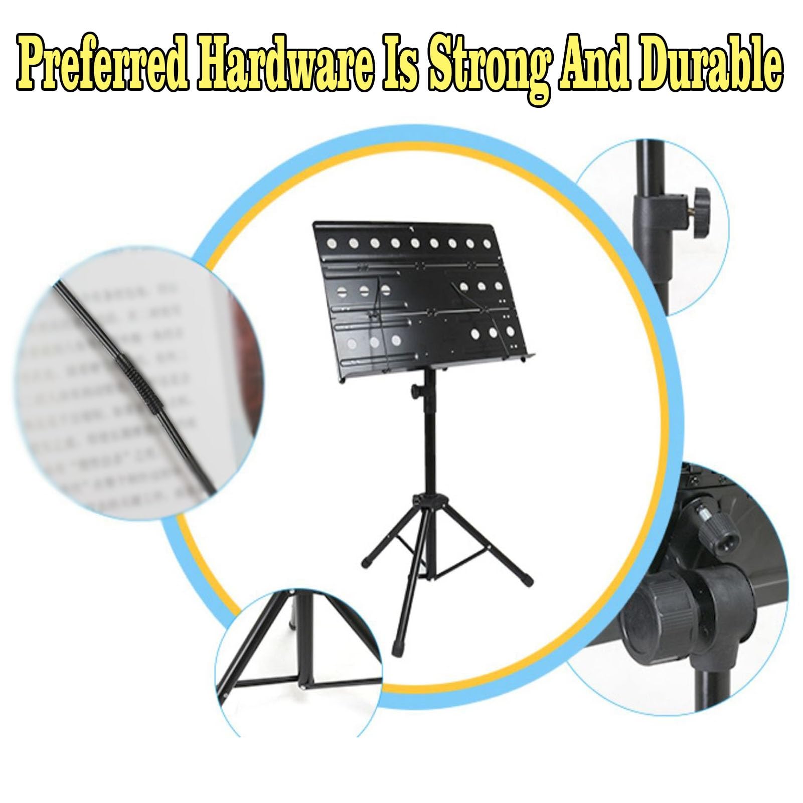 Notenständer, Stabiler und verstärkter Notenständer, dreifach klappbarer Notenständer, höhenverstellbar für Instrumentenspiel, Band und Chor (Schwarz 77140 cm)