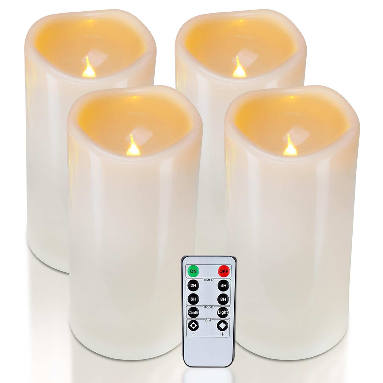 Homemory 4" x 8" Waterproof Outdoor Flameless Candles, Battery Operated Flickering LED Pillar Candles with Remote and Timers for Indoor Outdoor Lanterns, Long Lasting, Large, Dark Ivory, Set of 4