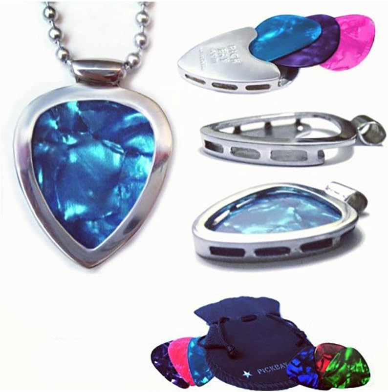 PickBayGuitar Pick Holder Pendant Necklace (Stainless Steel) & 6 Bright Jewel-tone Guitar Picks Set
