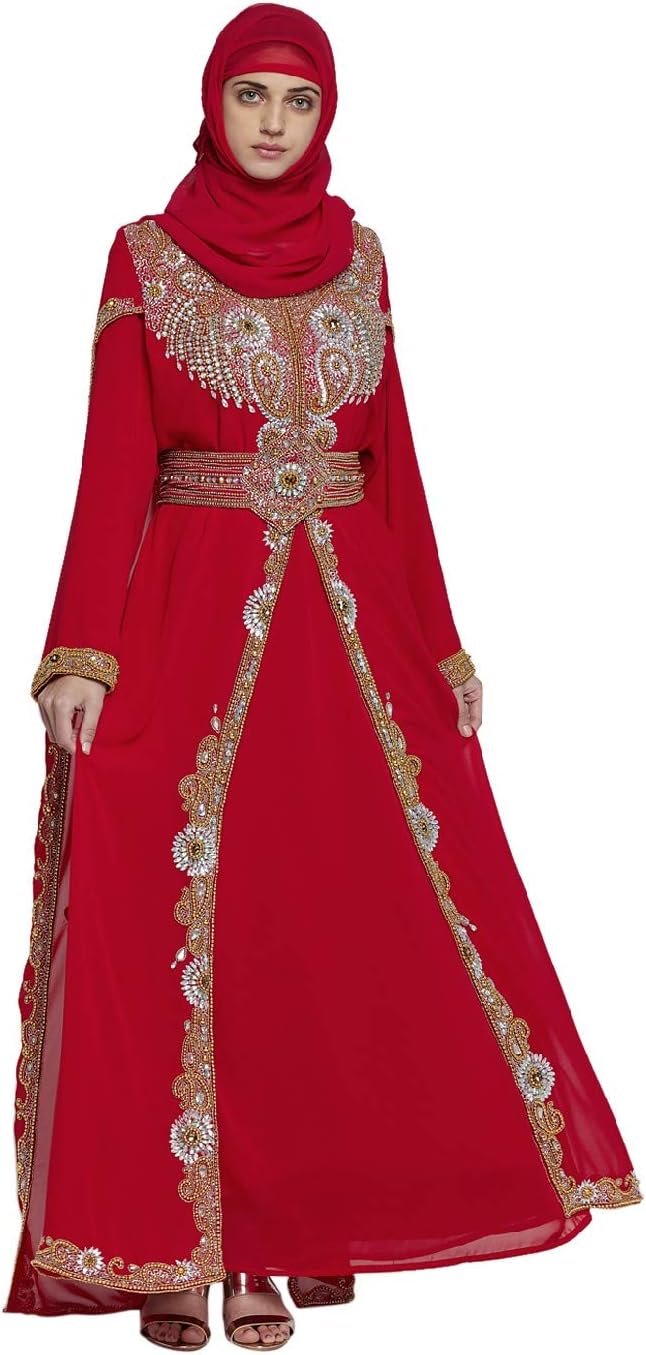 ANIIQWomen Dubai Kaftan Farasha Caftan Long Maxi Dress Long Sleeves Georgette Ethnic, Bridal, Evening, Party, Wedding Dress, Color- Red