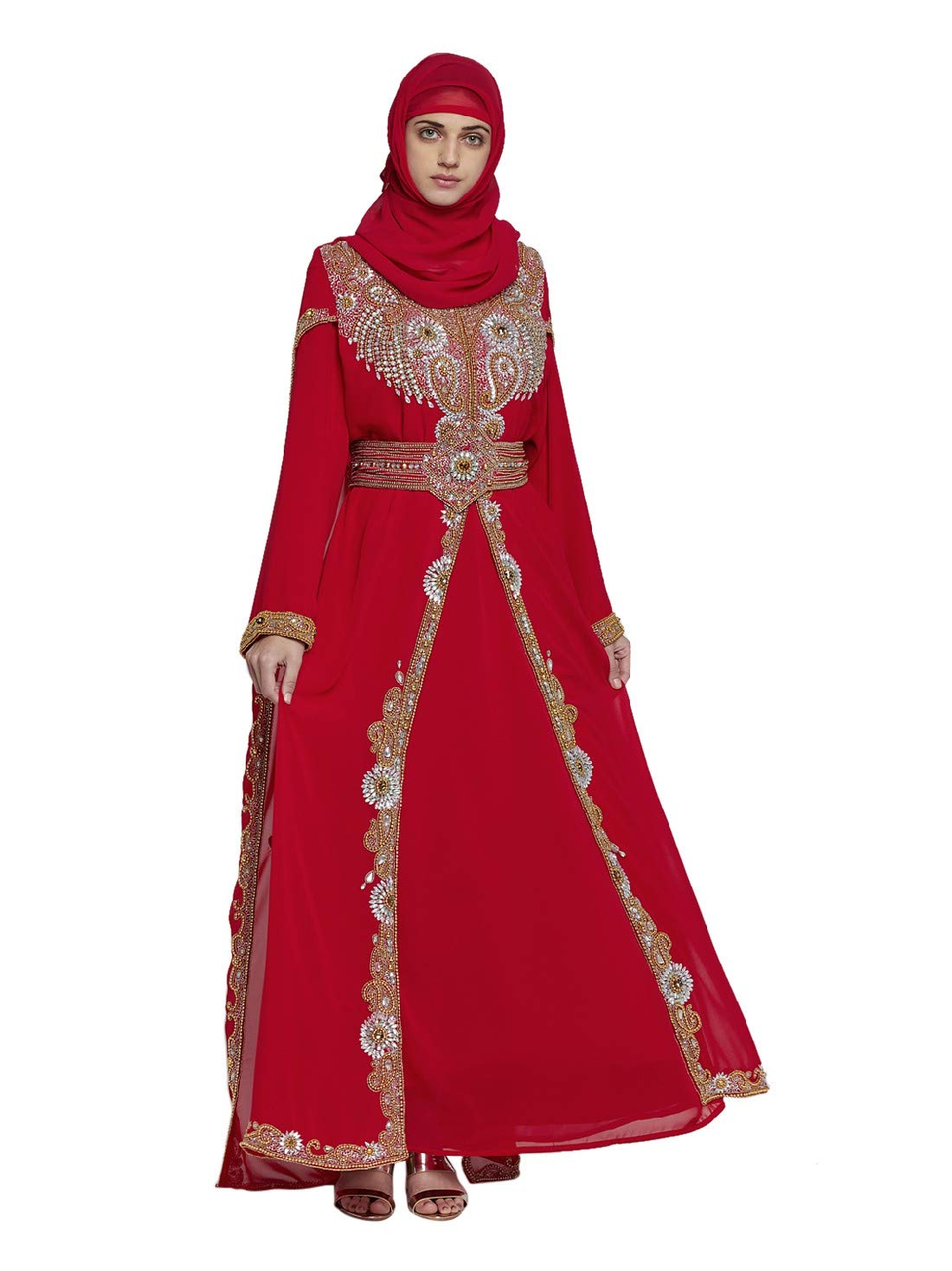 ANIIQWomen Dubai Kaftan Farasha Caftan Long Maxi Dress Long Sleeves Georgette Ethnic, Bridal, Evening, Party, Wedding Dress, Color- Red