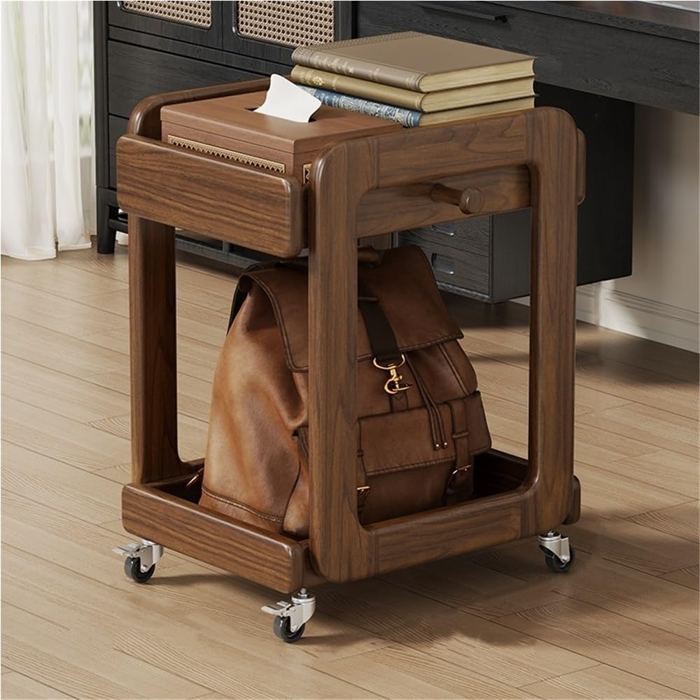 Solid Wood Rolling Under Desk Storage, Movable Bedside Table with Wheels, Adjustable Multi-Tier Storage Cart for Living Room, Office, Bedroom(Brown)