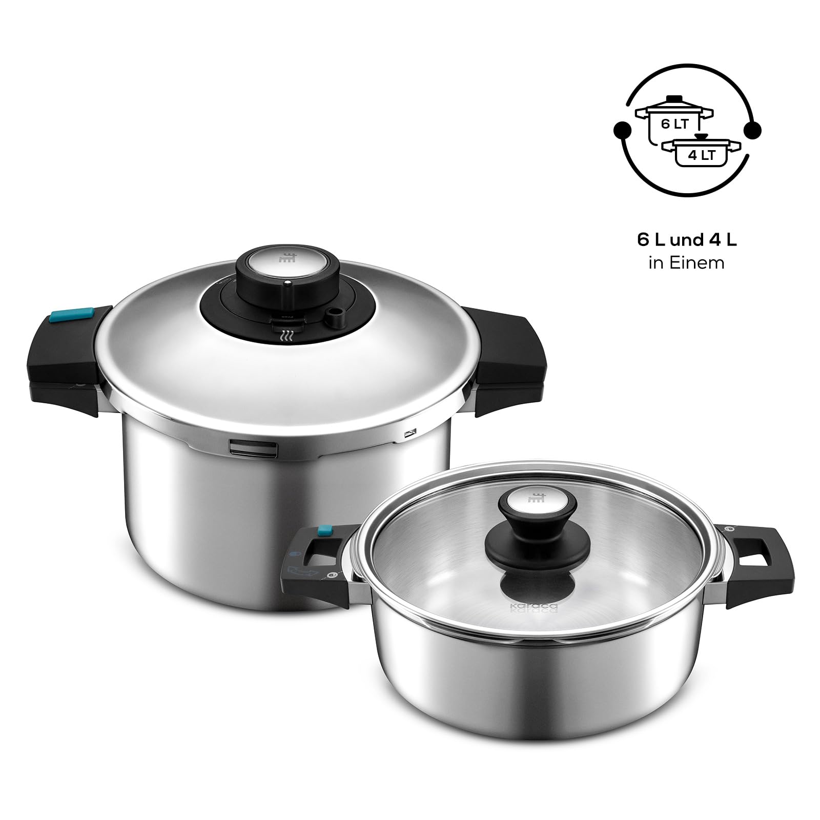Karaca Quick and Safe Schnellkochtopf-Set 4+6 Lt, Ergonomische, nicht brennende Griffe und Aufsätze aus Edelstahl, Programm Suppen und Gemüse, Programm Fleisch und Hülsenfrüchte