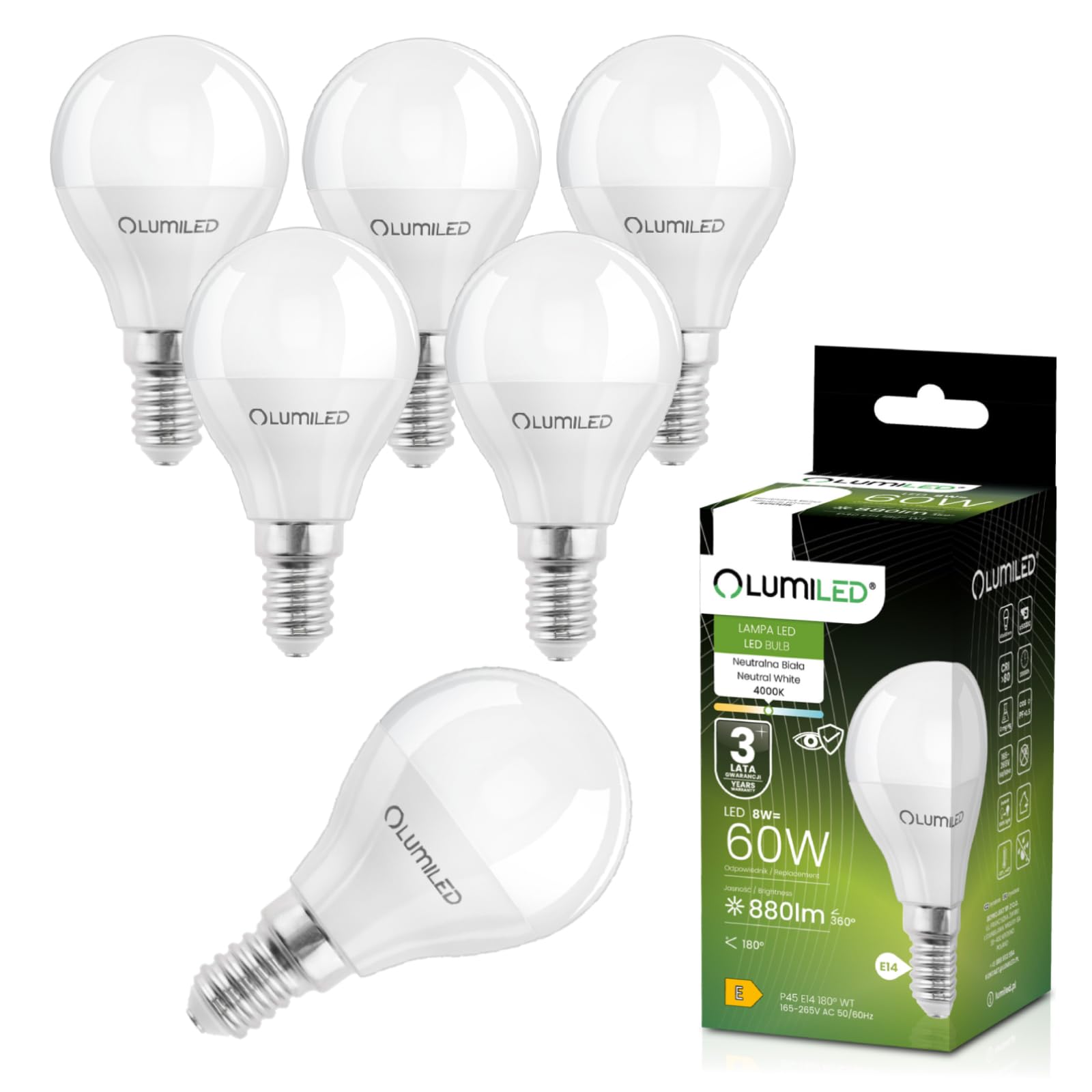 Lumiled Żarówka LED E14 P45 8W 880lm 4000K Neutralna Biel 180° Zamiennik 60W Nieściemnialna Kształt małej kropli Energooszczędna Zestaw 6 szt.
