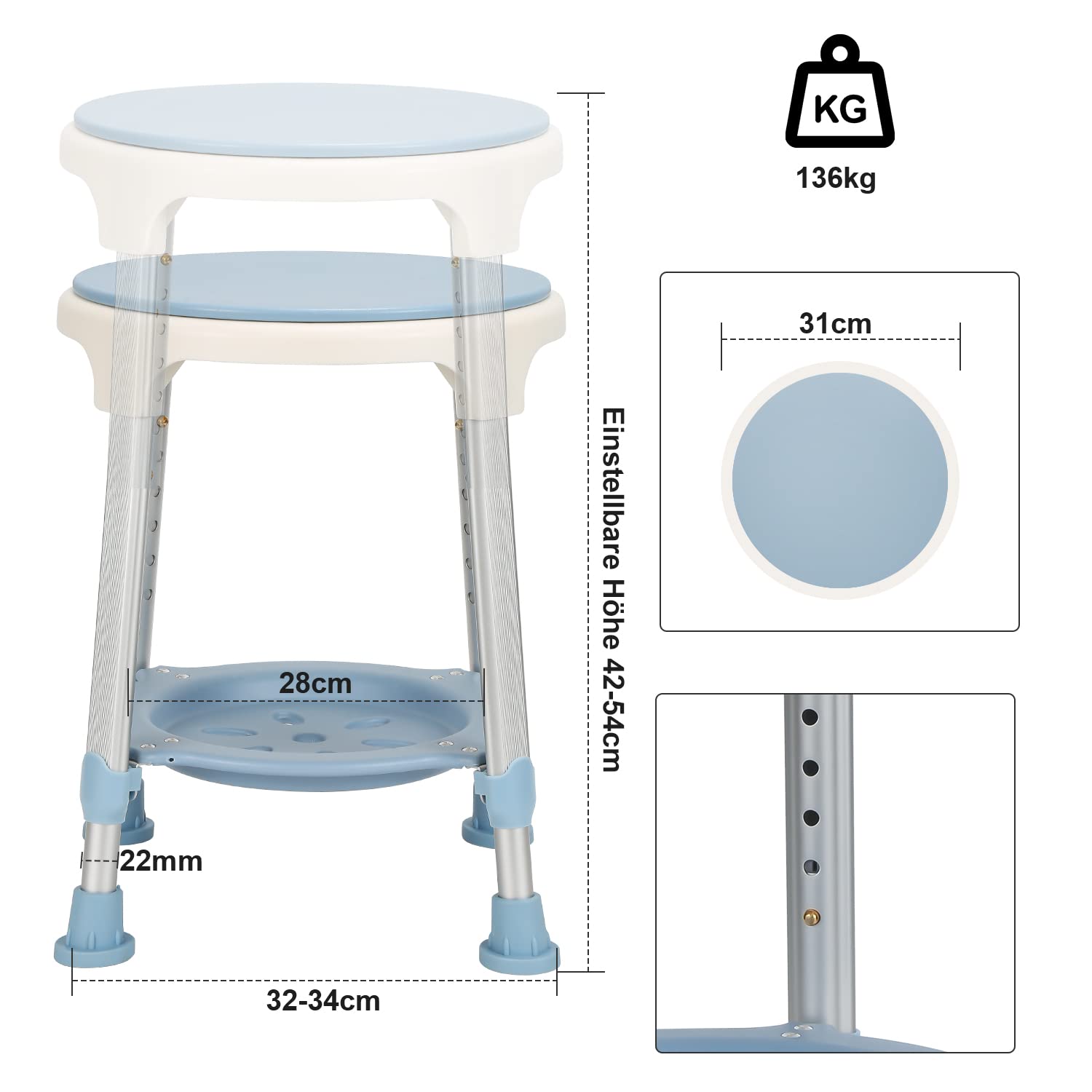 Taburete de ducha, altura regulable, giratorio 360°, capacidad de carga hasta 150 kg, silla de ducha, asiento de ducha, asiento de baño, para personas mayores y embarazadas, color azul y