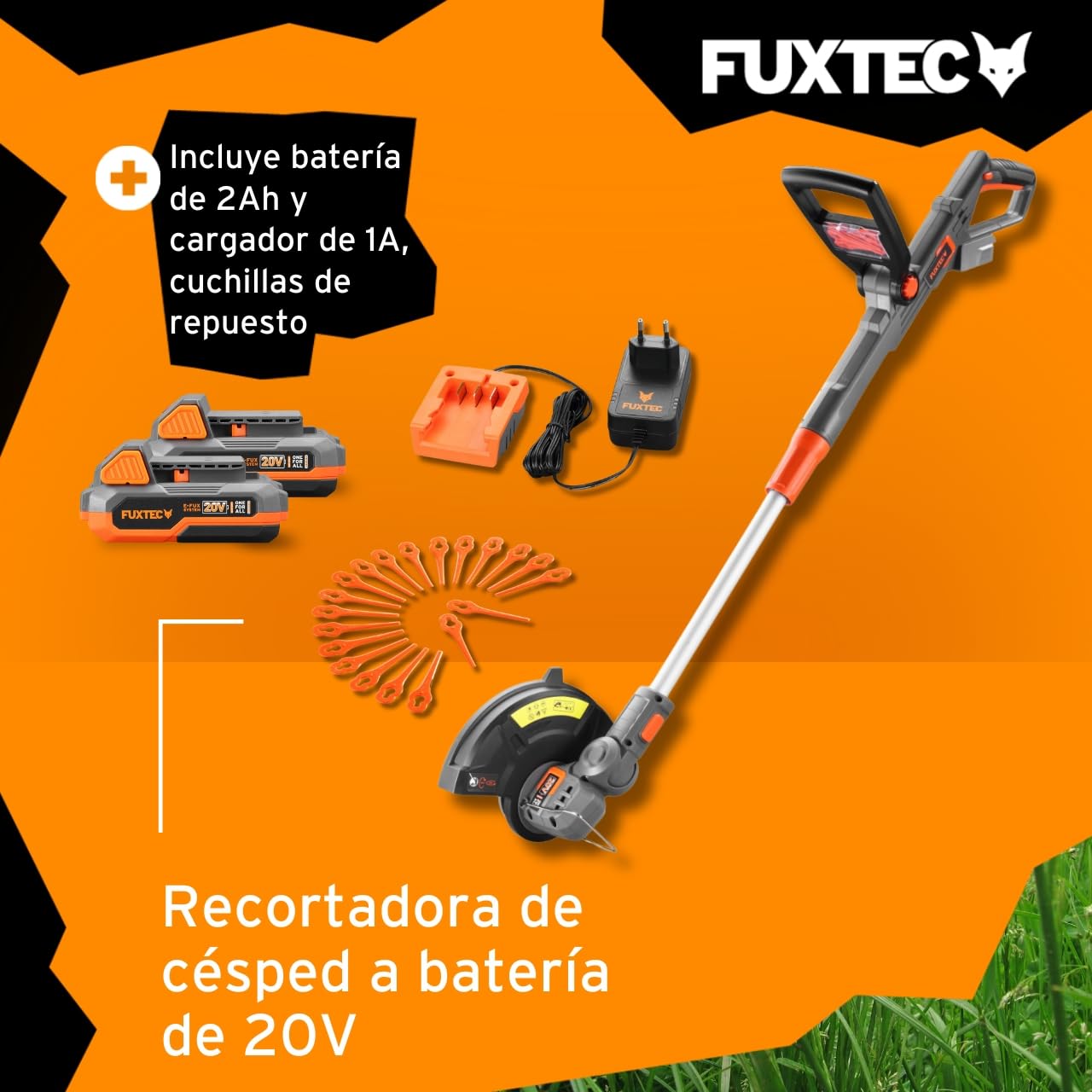 Desbrozadora - Recortadora a batería 20V FUXTEC FX-E1RT20 - Set con batería de Iones de Litio de 2Ah y Cargador de 1A - Ancho de Corte de 25 cm