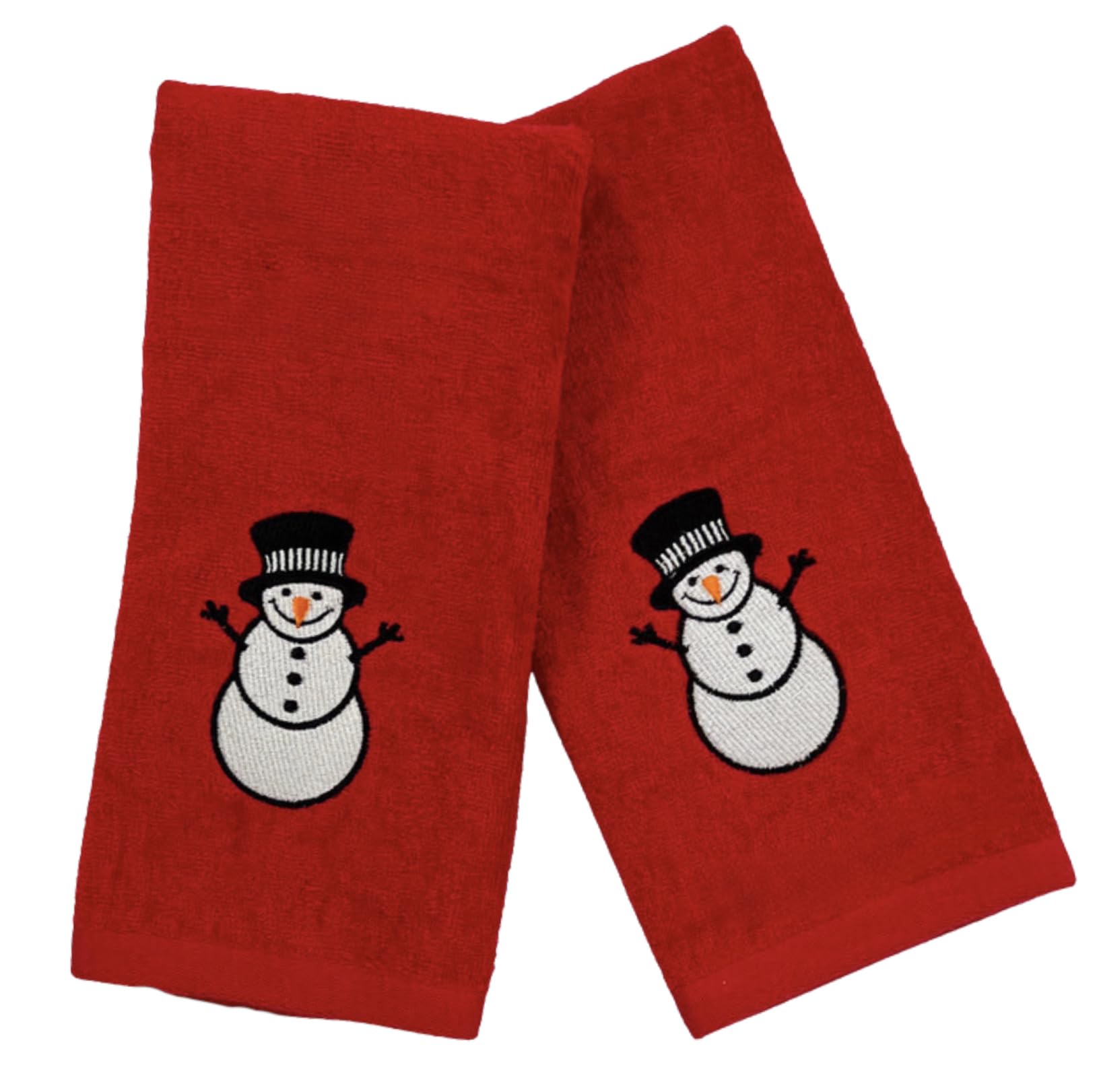 Serafina Home Christmas Bathroom Hand Towels, Set of 2, 16" x 26", Snowman on Red 100% Terry Velour Cotton, Holiday Decor for Bath or Kitchen