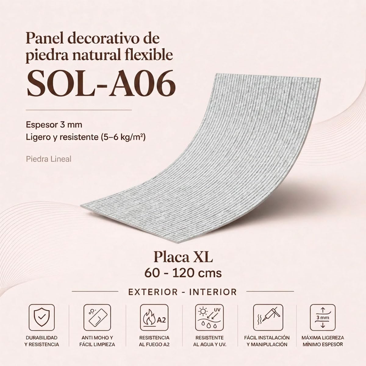 Panel piedra flexible PIEDRA LINEAL SOL-A06 60x120 cm - 3-5 mm ultrafino, ligero, curvable, resistente, interior y exterior, sin obra, textura real x4 uds acabado premium.