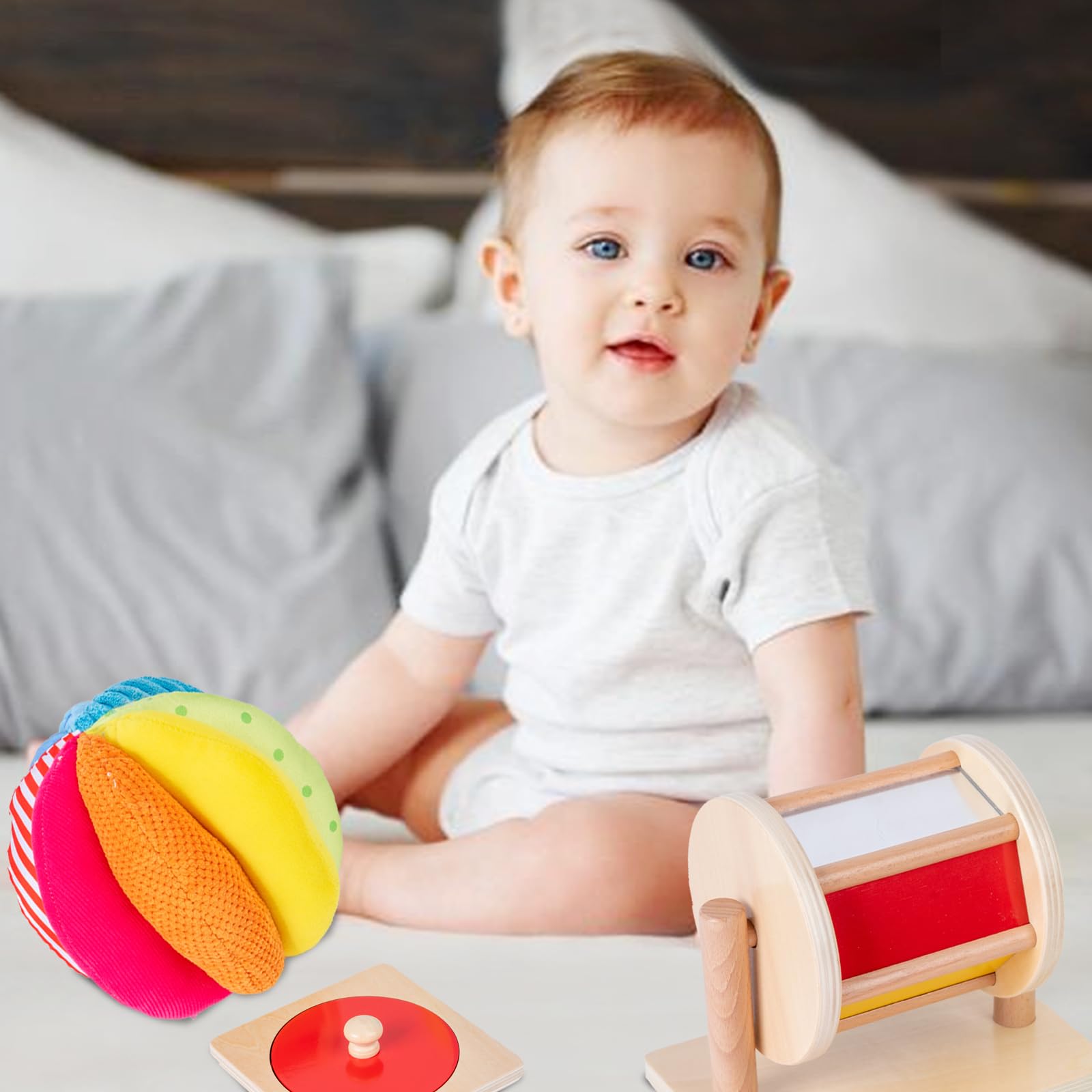 Montessori Baby Toys Play Kit Montessori Mirror Peekaboo Knob Puzzle, Medium Spinning Drum and Rainbow Fabric Ball Kit Toys for 6-12Months Toddler (Play Kit 1)