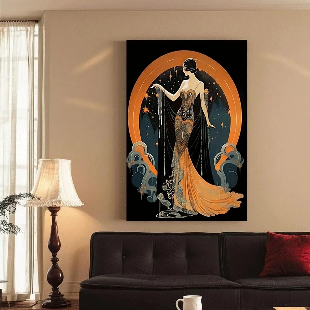 VCBNUGH Decorazione murale in stile Flapper, arte geometrica con stelle celesti, decorazione glamour per la casa, stampa su tela (50x70 cm/con cornice)