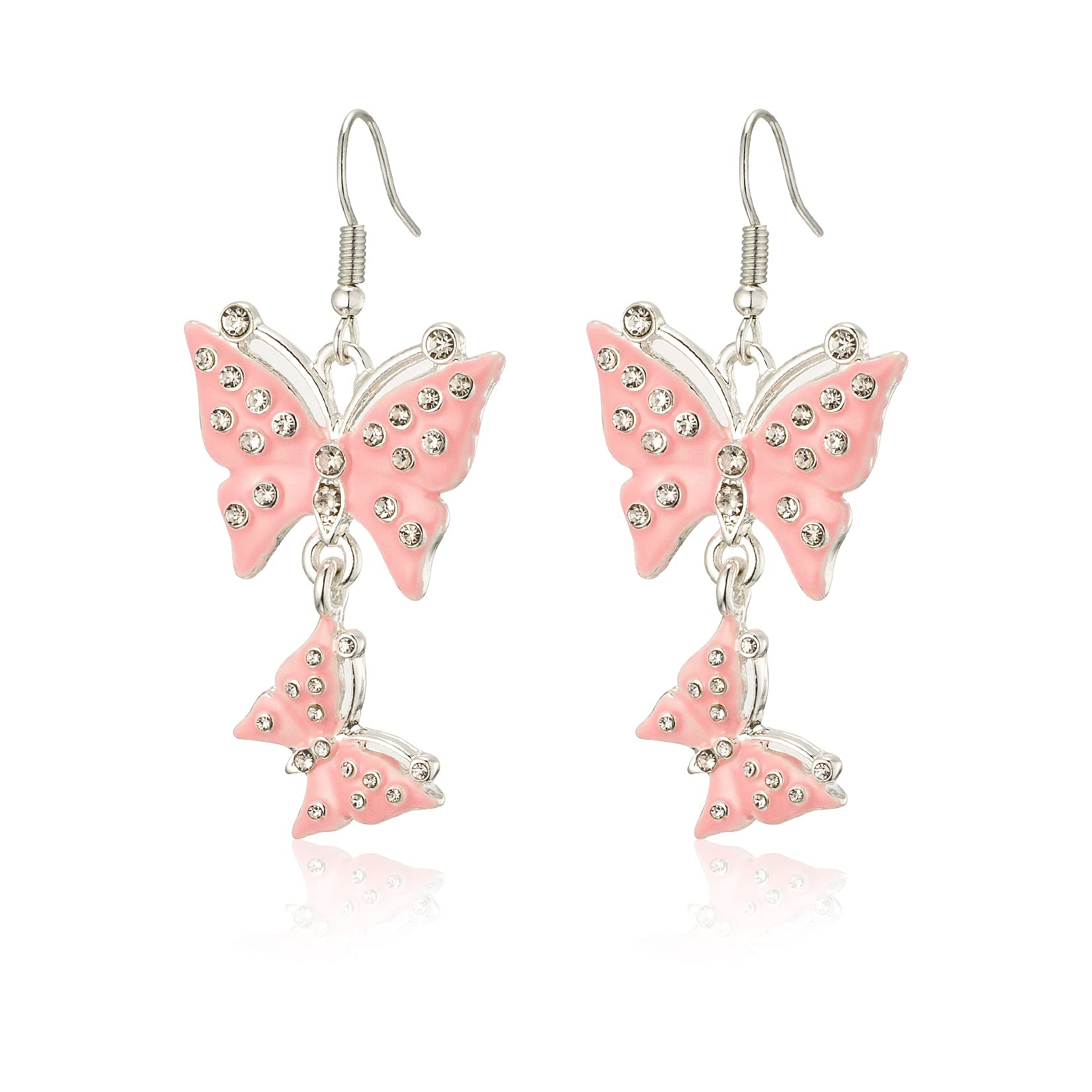 Pink Butterfly Dangle Earrings for Women Silver Plated Sparkling Crystal Valentines Day Gifts for Girls Holiday Party Decorations
