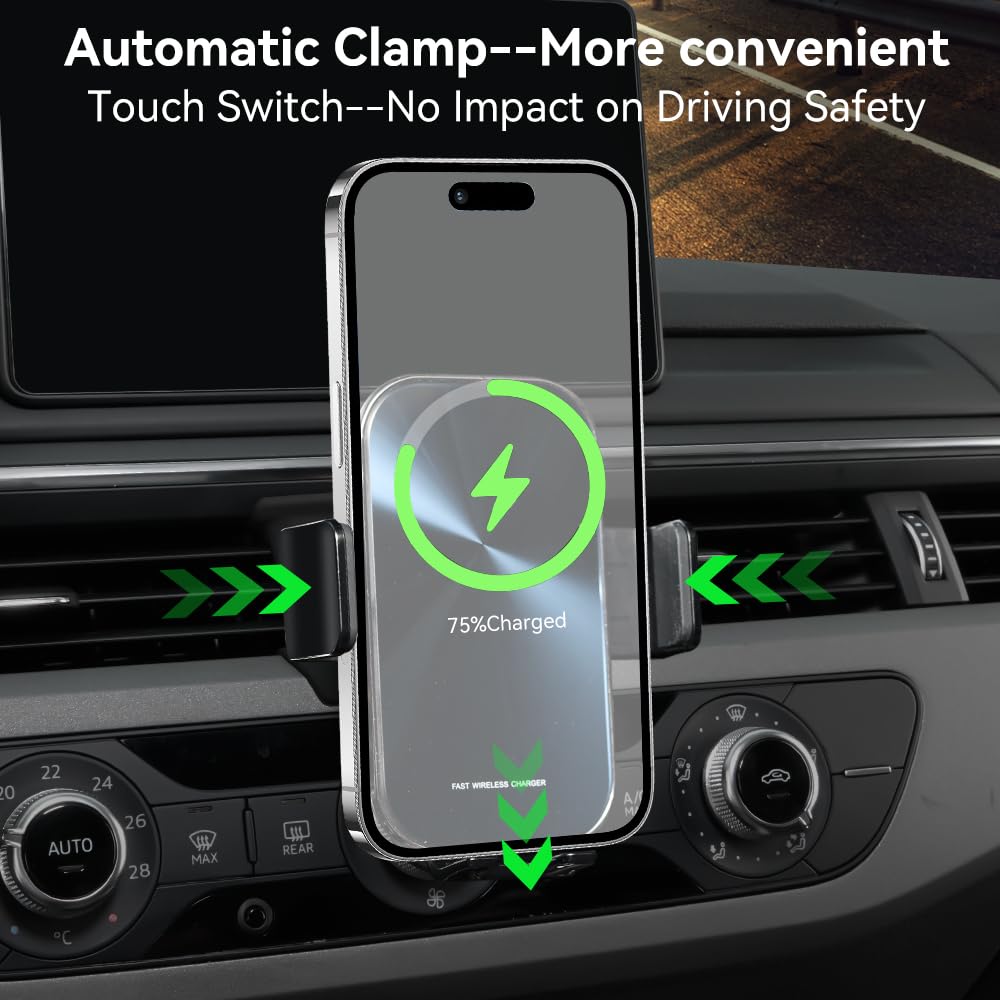 Zchan Wireless Phone Charger Car Phone Holder Fit for Audi A4 2017-2024 15W Qi Fast Charging Phone Charging for iPhone 15 14 13 Pro Max