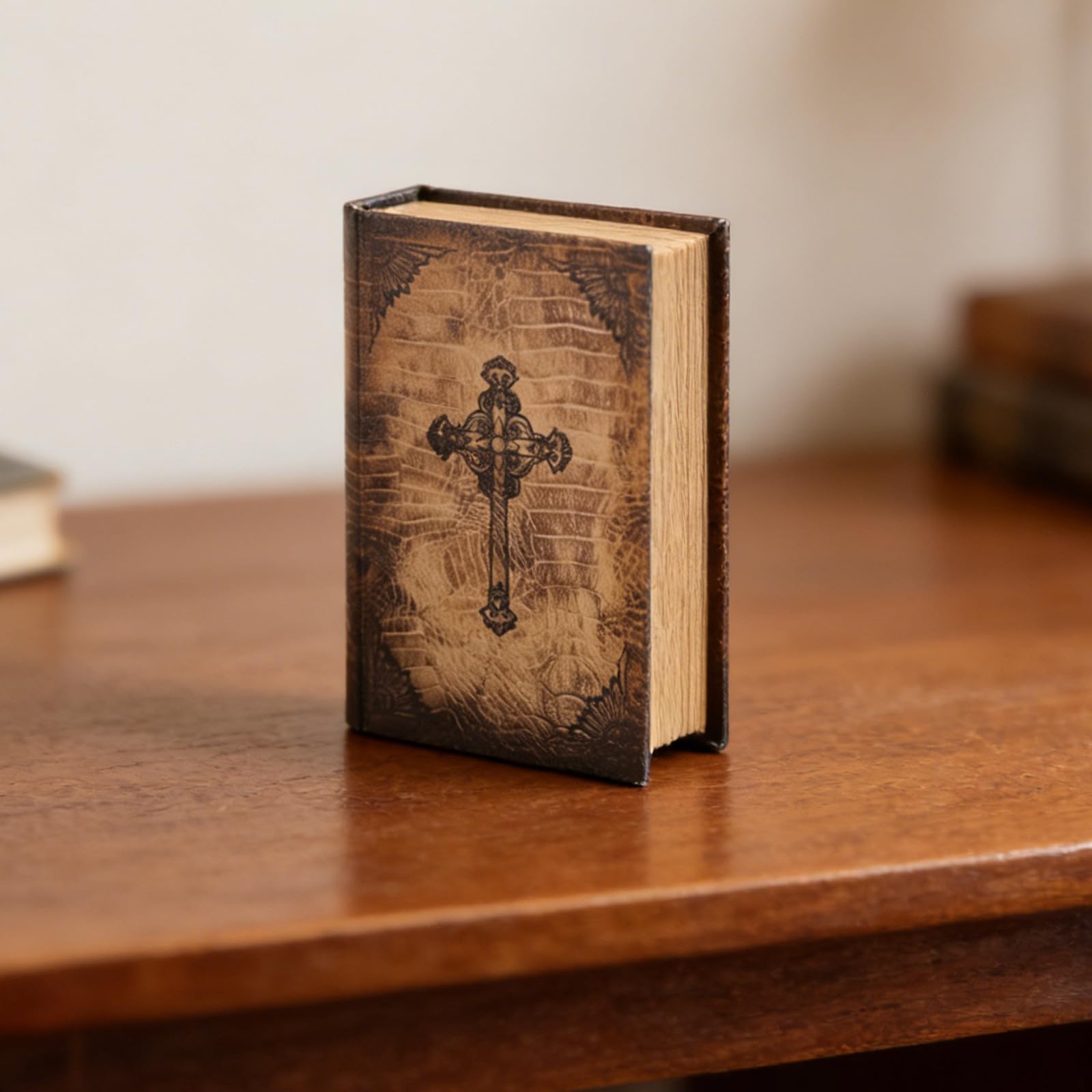 Książka dywersyjna: zabytkowe drewniane pudełko do przechowywania ksiąg biblijnych - ozdobne pudełko na pamiątki w formie Biblii - realistyczna półka na książki z ukrytą przegródką na