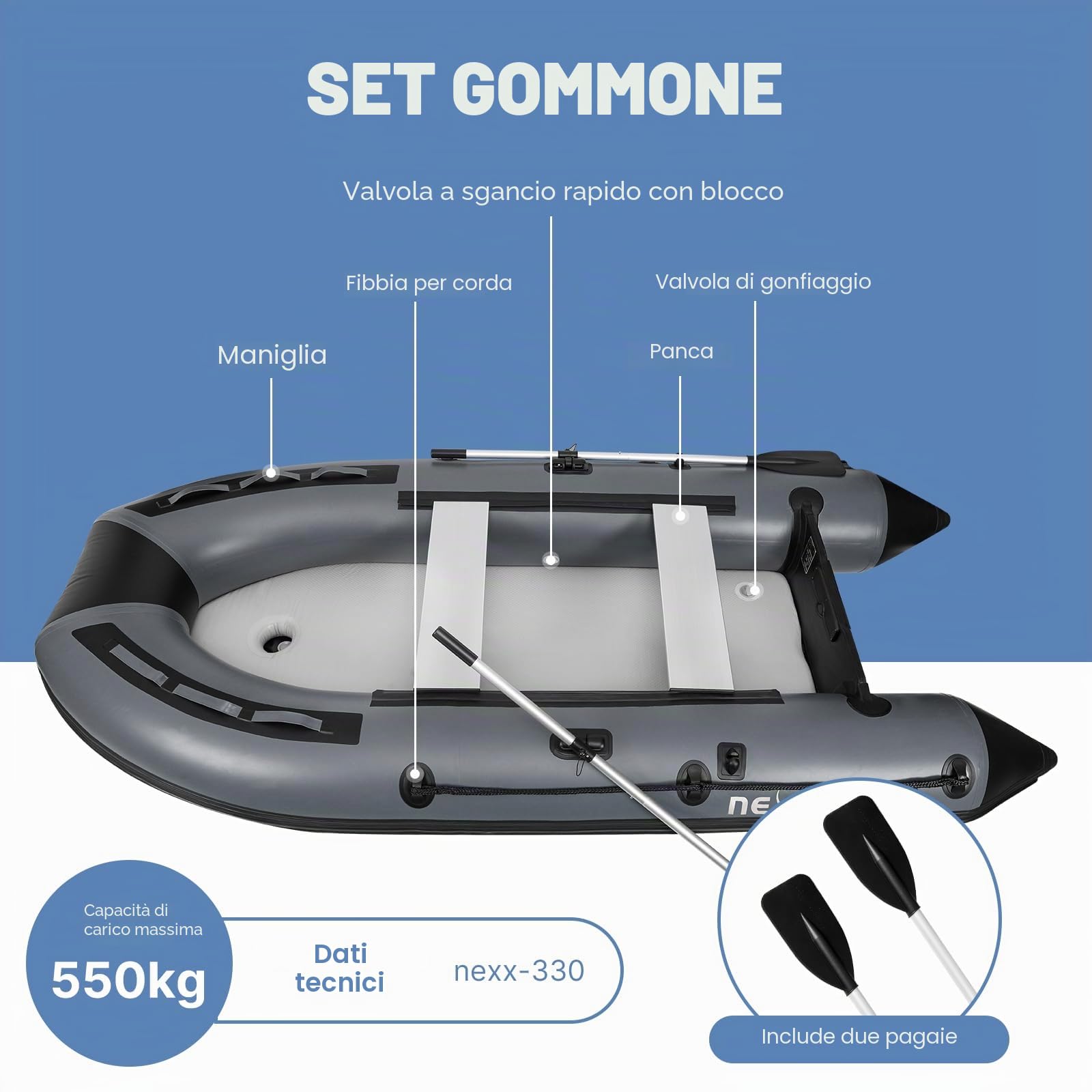 Barca sportiva professionale, gommone per pescatore, NEXX 330 cm con fondo in gomma - Canotto da pesca con borsa da trasporto, grigio chiaro - incl. 2 remi e kit di riparazione