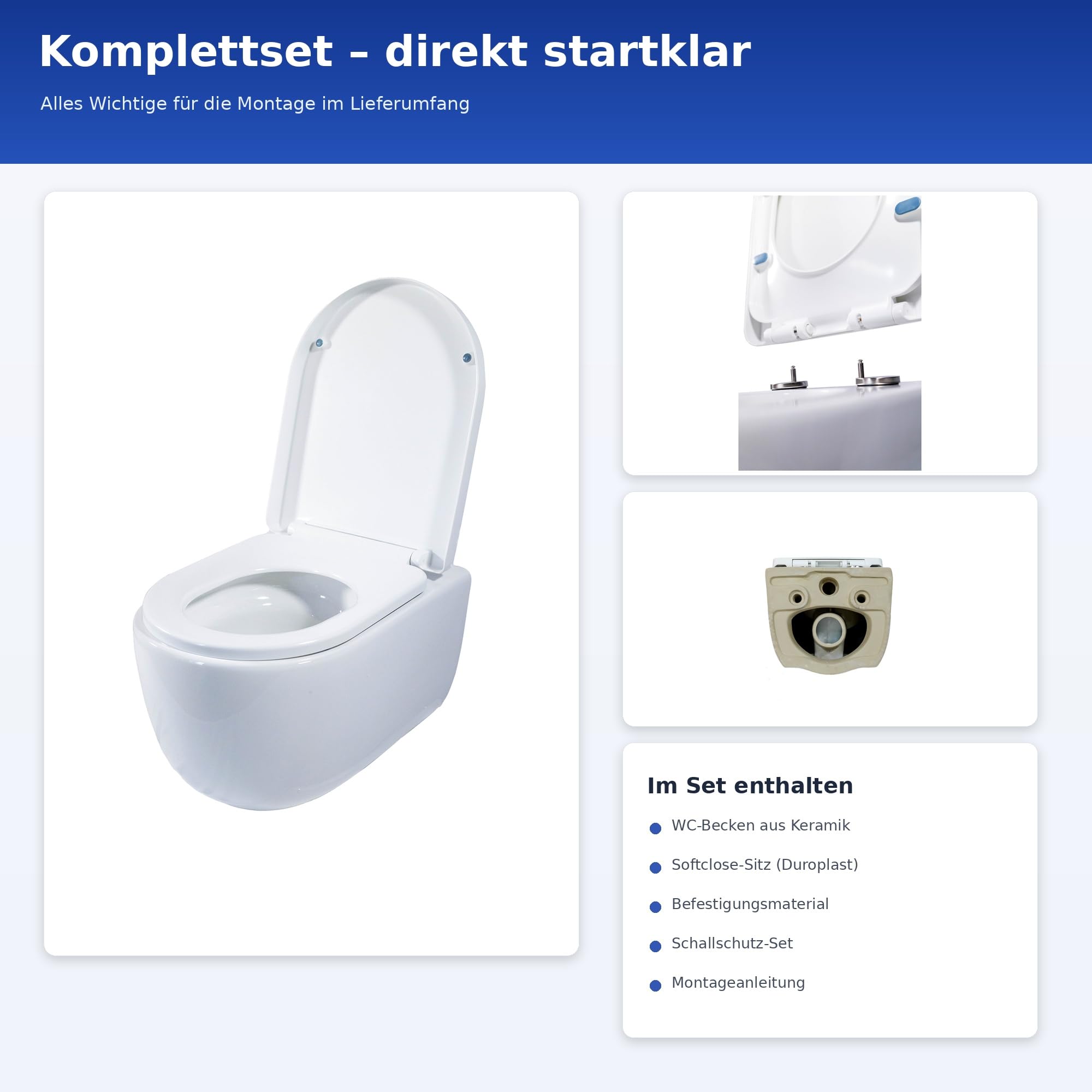 Spülrandloses Hänge-WC Wand-WC Set 53cm Tiefspüler mit Softclose-Sitz Weiß | Spülrandlose Wandtoilette inklusive Schallschutz und Tornado Spülung. Pflegeleichte Nano Beschichtung für das Gäste WC