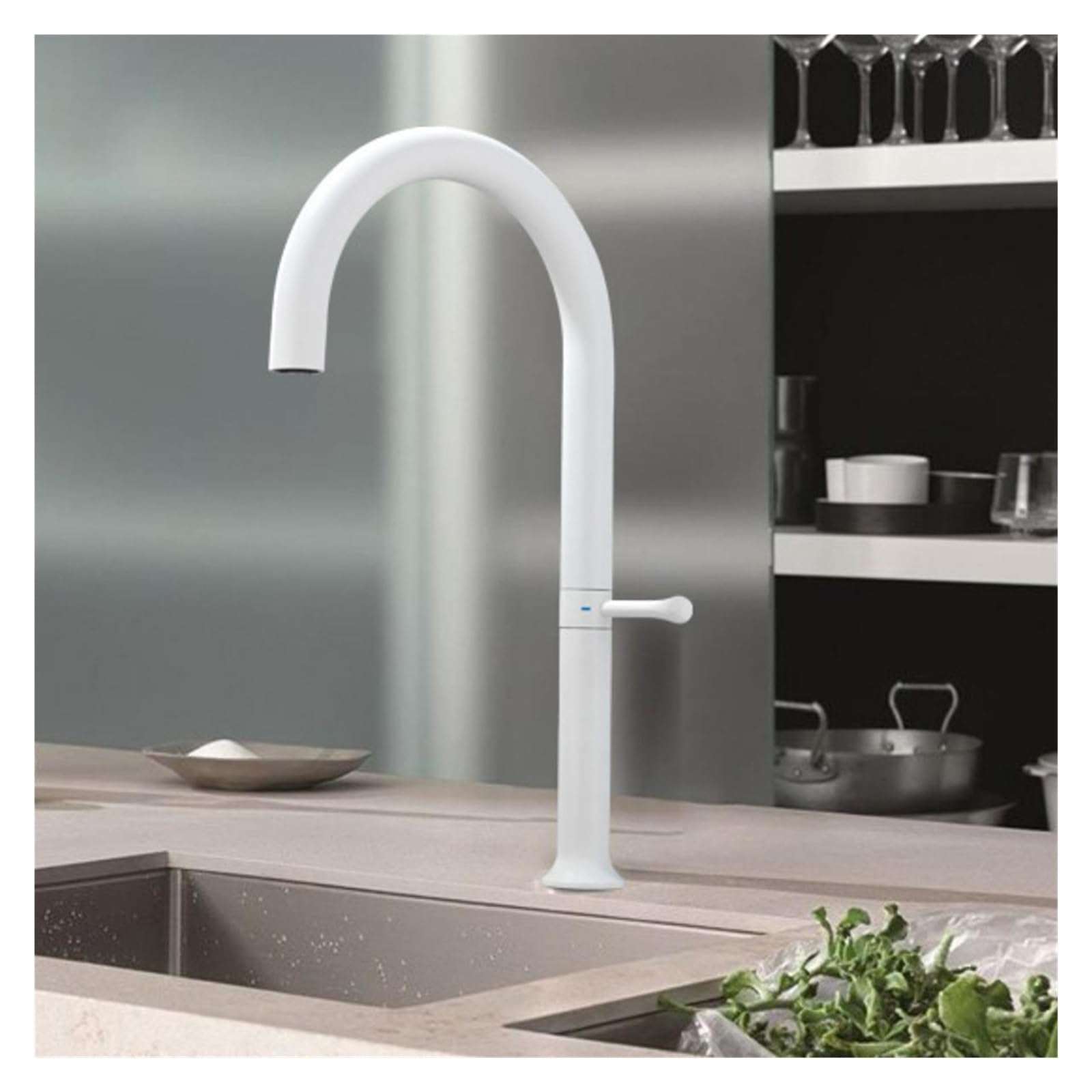 Robinet de cuisine blanc en acier inoxydable, mitigeur lavabo rotatif 360°