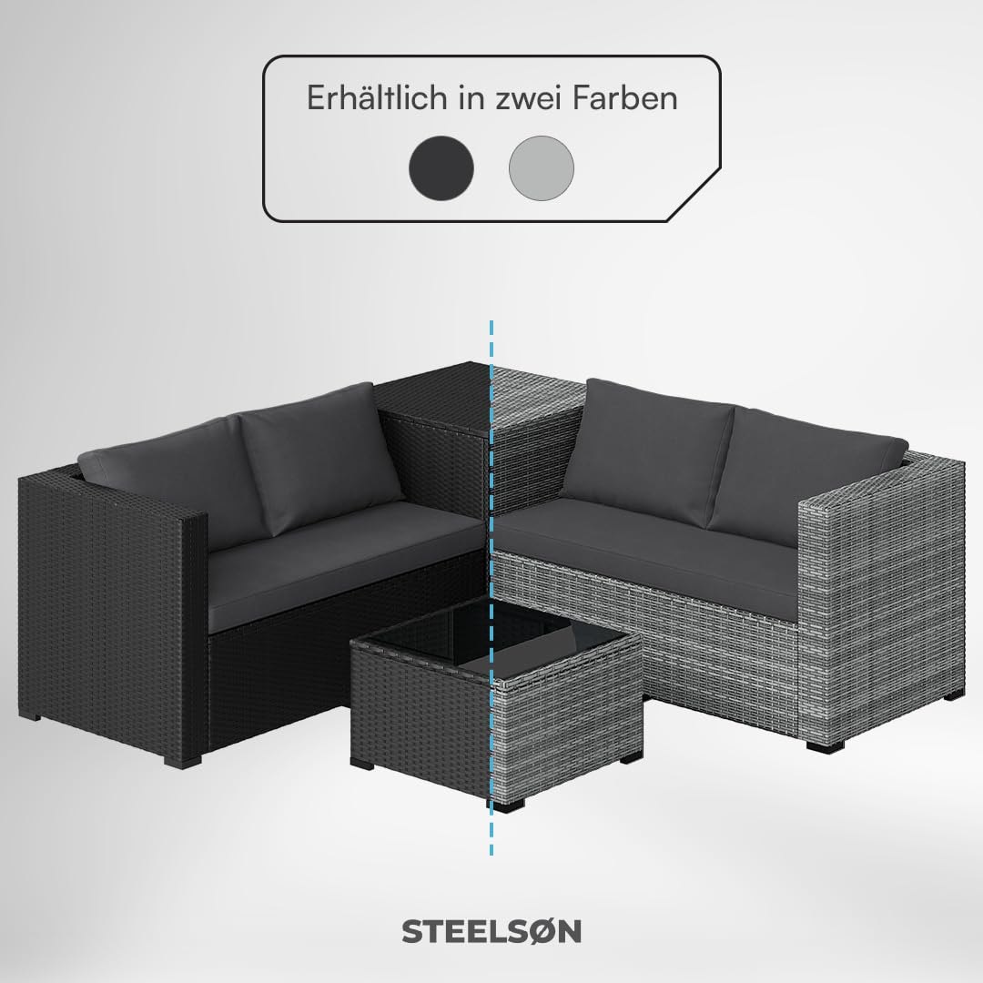 STEELSØN Veloria Rattan Gartenmöbel Set 4-TLG. – Gartenlounge mit Sofas, Tisch & Box – Outdoor Sitzgruppe bis 4 Personen – Sitzgarnitur Garten/Balkon/Terasse schwarz/anthrazit mit Stauraum