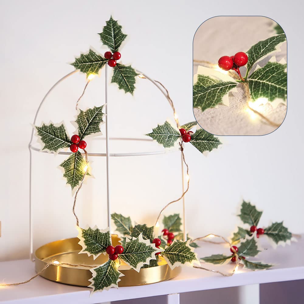Guirnalda de Navidad con luces, 20 luces LED de 6.56 pies, funciona con pilas, guirnalda de hojas de bayas rojas, guirnalda de árbol de Navidad, decoración de interiores, luces cálidas para