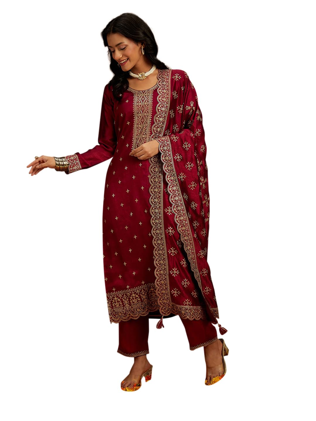 Libas Womens Embroidered Silk Blend Straight Kurta With Trousers and Dupatta