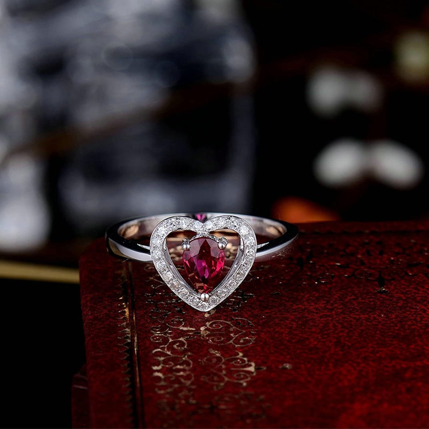 18K White Gold Ring 0.55ct Pear Shape Ruby with 0.11ct Diamond Engagement Rings for Girls