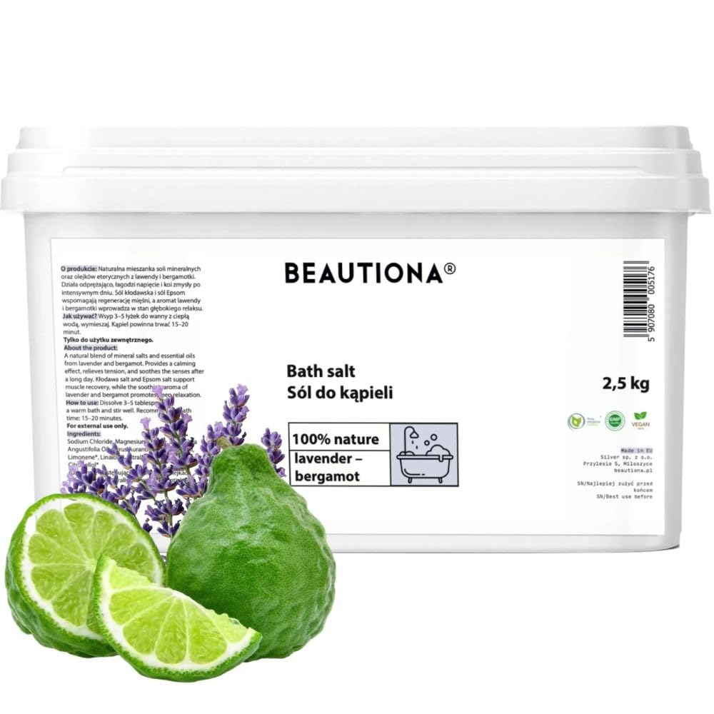 Sól do kąpieli lawenda i bergamotka 2,5 kg, naturalna relaksująca kąpiel z olejkami eterycznymi, bez parabenów i barwników, do wanny i kąpieli stóp