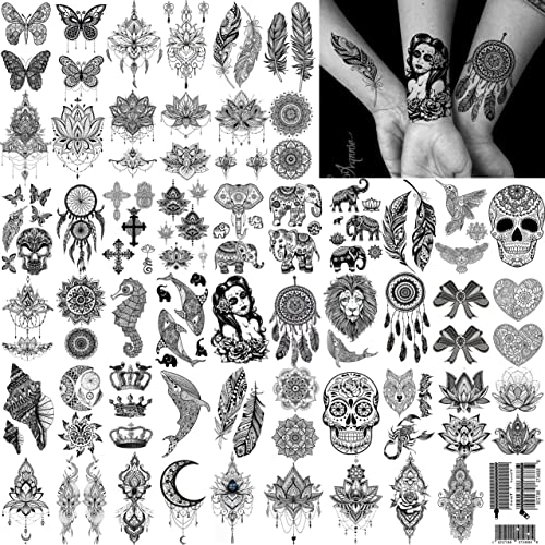 FIFYAN 52 Sheets Black Henna Temporary Tattoos For Women Adult Lace Mehndi Mandala Pendant Fake Jewelry Tattoos For Girls Wedding Temp Tattoo Temporary Dreamcatcher Butterfly Hena Hanna Tatoo Sticker