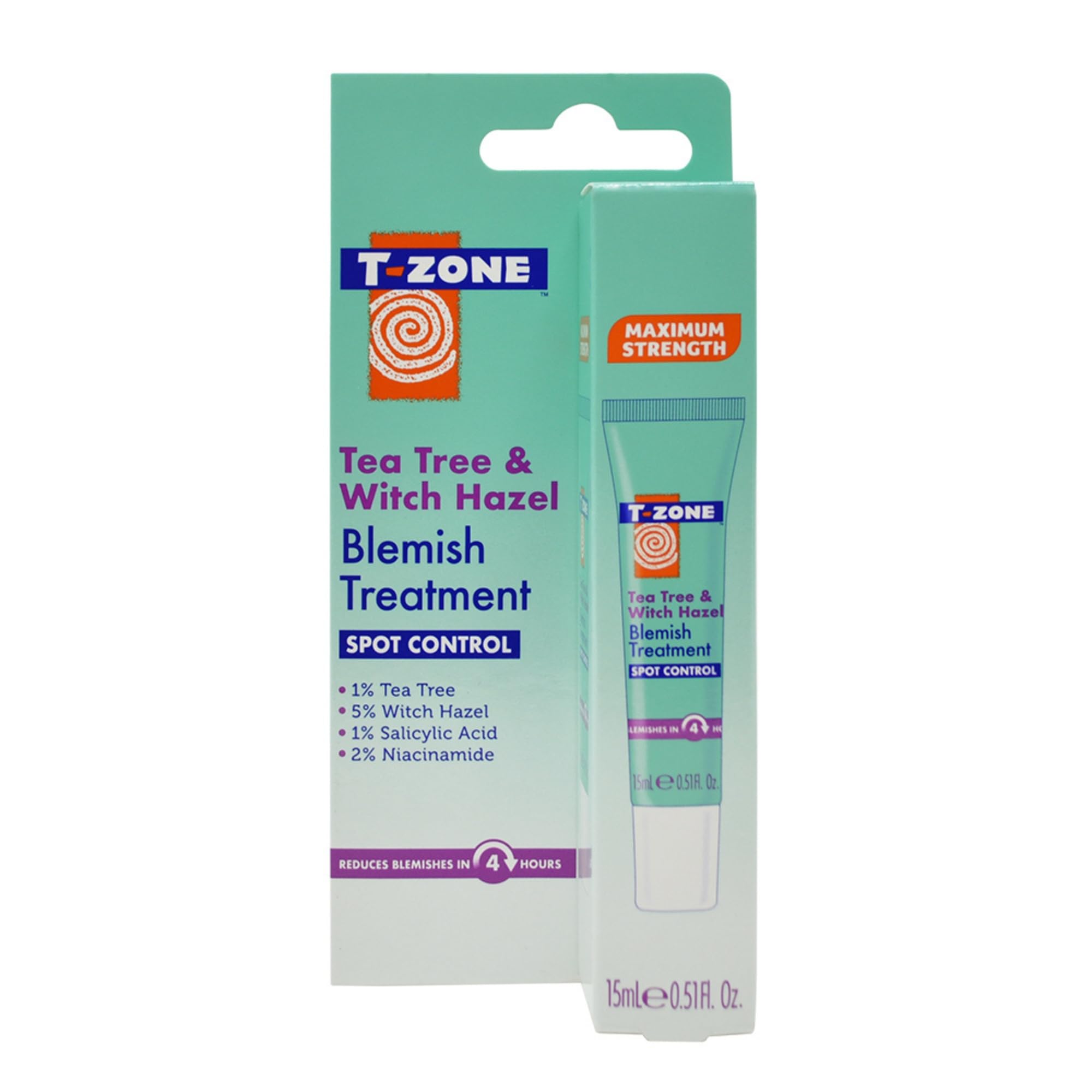 T-Zone Tea Tree & Witch Hazel Blemish Treatment Gel 15ml, Rapid Spot Treatment with Salicylic Acid & Niacinamide, Targets, Calms & Prevents Spots, Pimples & Breakouts for Clearer Skin