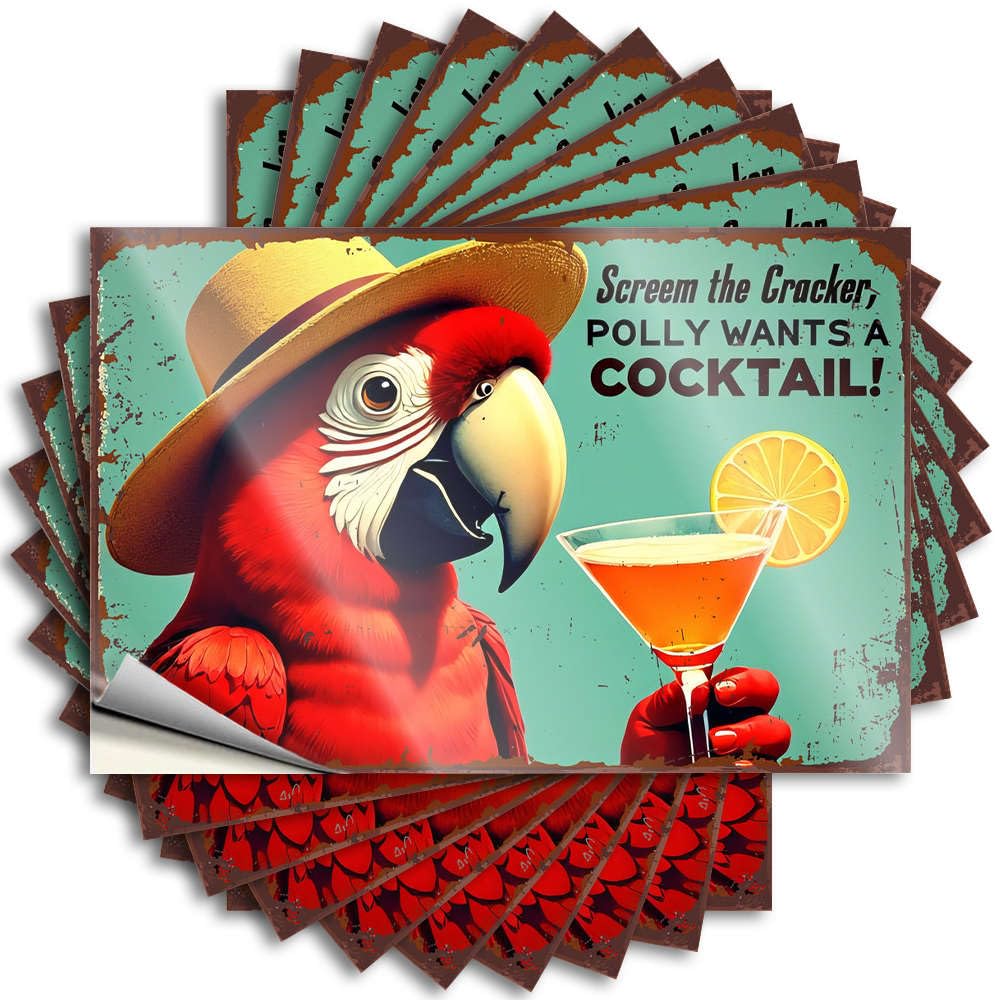Fzfn Colour Beauty, Lettering Sticker Colorful Tumbler A Parrot In A Hat Holds A Cocktail With A Lemon Slice | New Waterproof Vinyl Stickers(12X18cm)