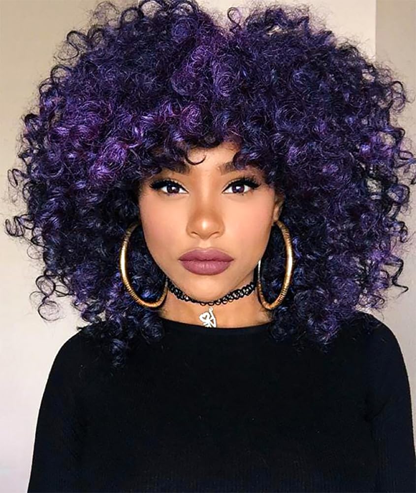 Colorful panda Deep Curly Afro Wigs for Women Medinum Length Natural Synthetic Hair Afro Kinky Curly Wig for Costume Wig or Daily Wear (Black mixed Purple)