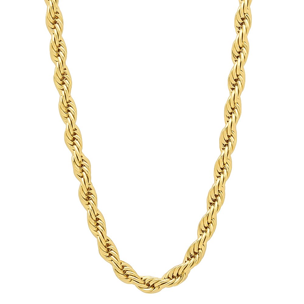 The Bling Factory4mm Polished 14k Yellow Gold Plated Twisted Rope Chain Necklace, 30 inches, Brass, No Gemstone
