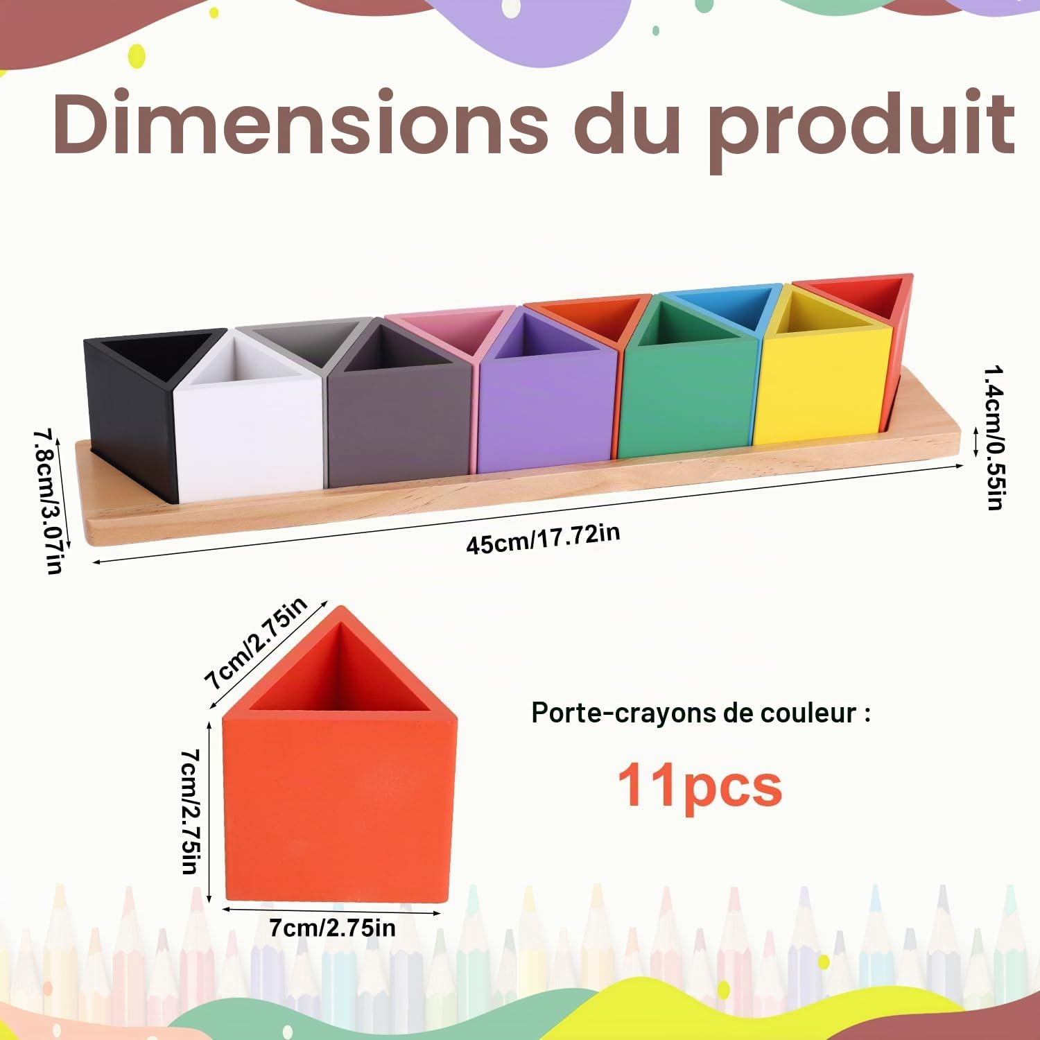 Pot à Crayons de Couleur en Bois, avec 11 Compartiments Amovibles Porte-Stylos Organiseur de Crayons Montessori pour Enfants Fournitures Scolaires et Bureau