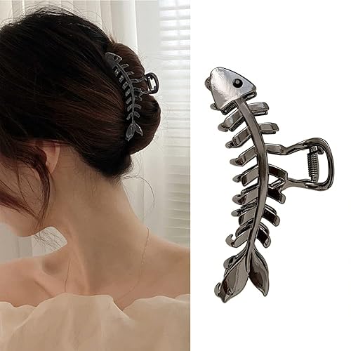 Pinza para el cabello con forma de hueso de pescado negro de metal, 4.3 pulgadas, pinza de horquilla para mujeres y niñas, accesorio para el cabello