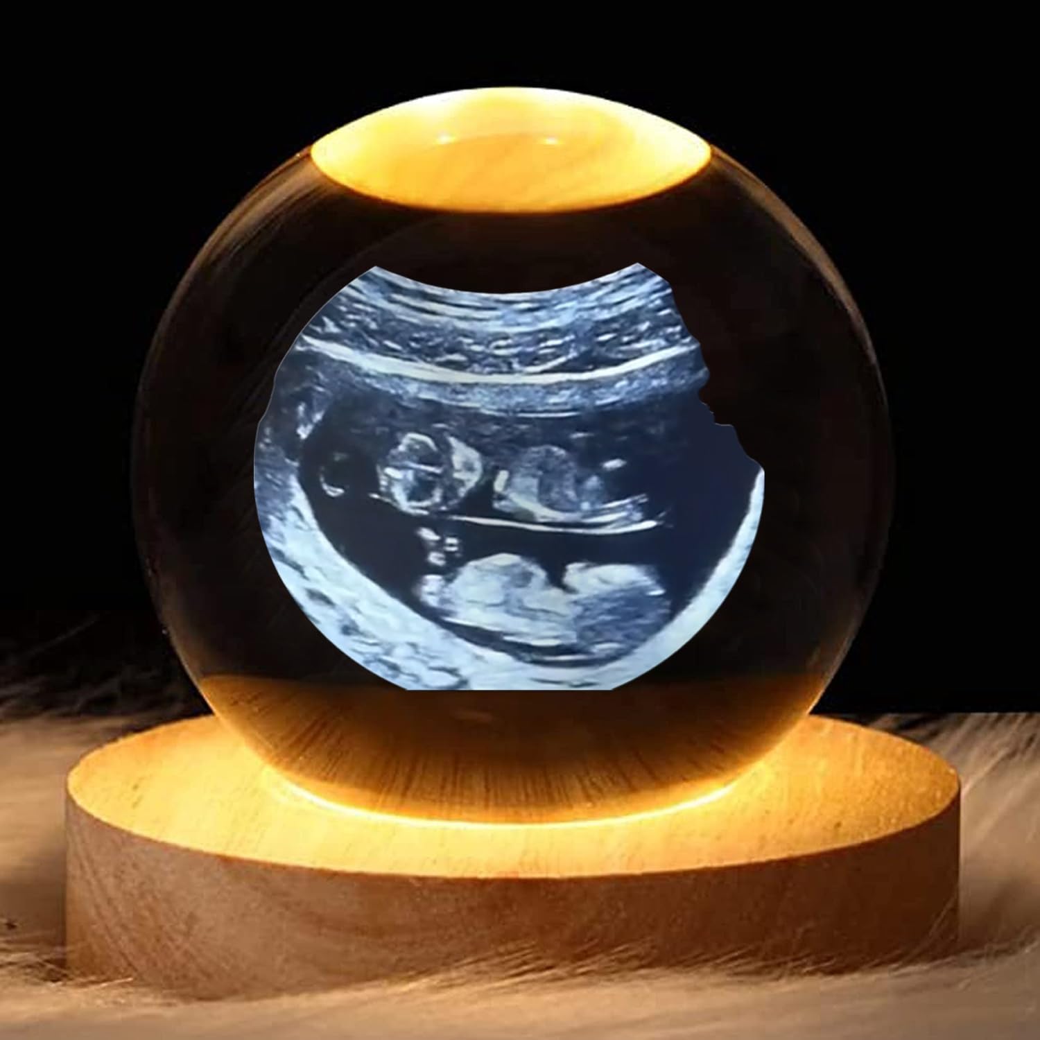 Personalised Baby Scan Photo Crystal Ball, Pregnancy Announcement Plaque Picture Light Night, Custom 3D Photo Crystal Ball with Engraved Wood Stand(8cm .15")