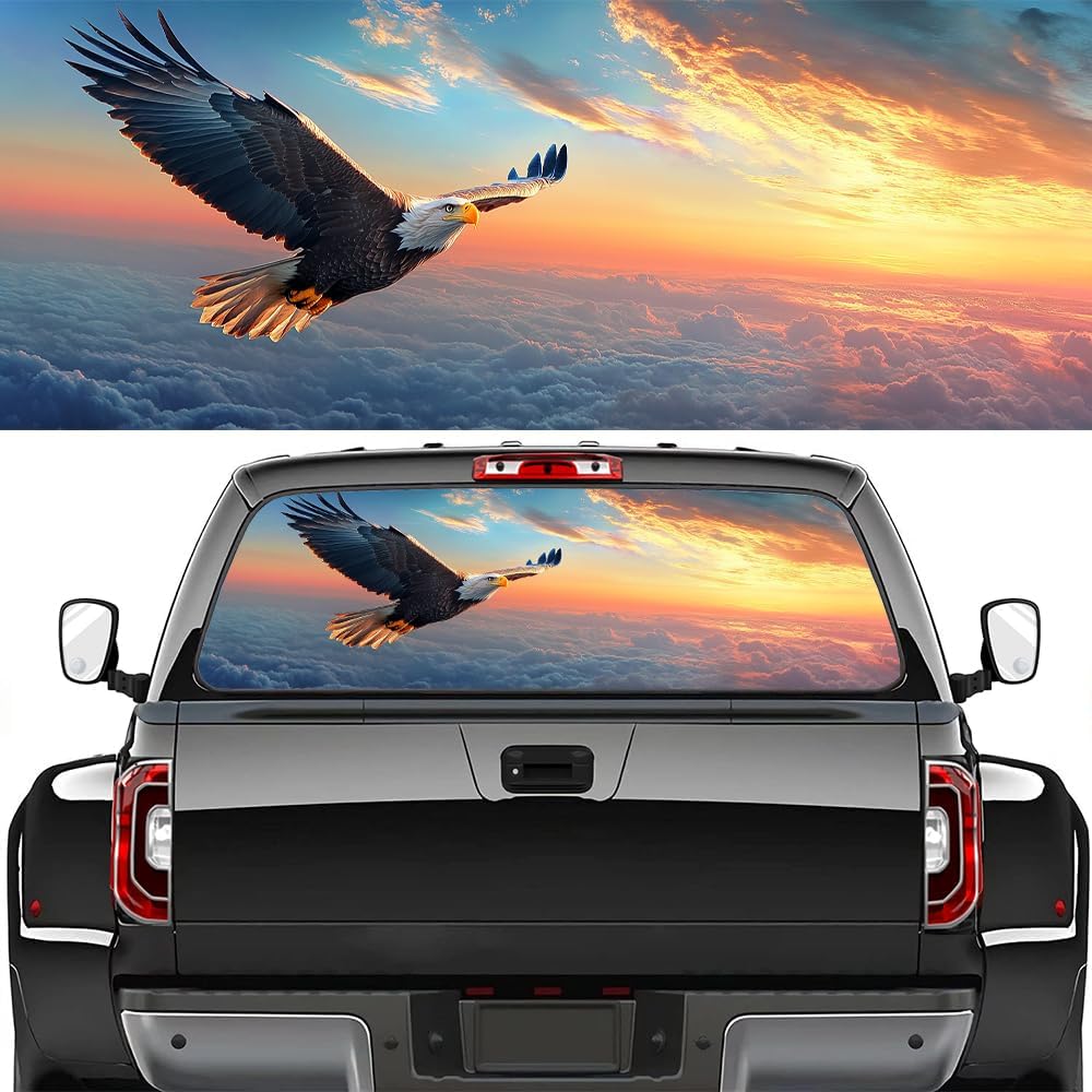 Majestic Eagle Rear Window Decal Wrap Graphic, Colorful Sunset Clouds Animal Bird Vinyl Window Film Truck Back Window Decals,Pickup Trucks Back Window Stickers 66 x 22 inch