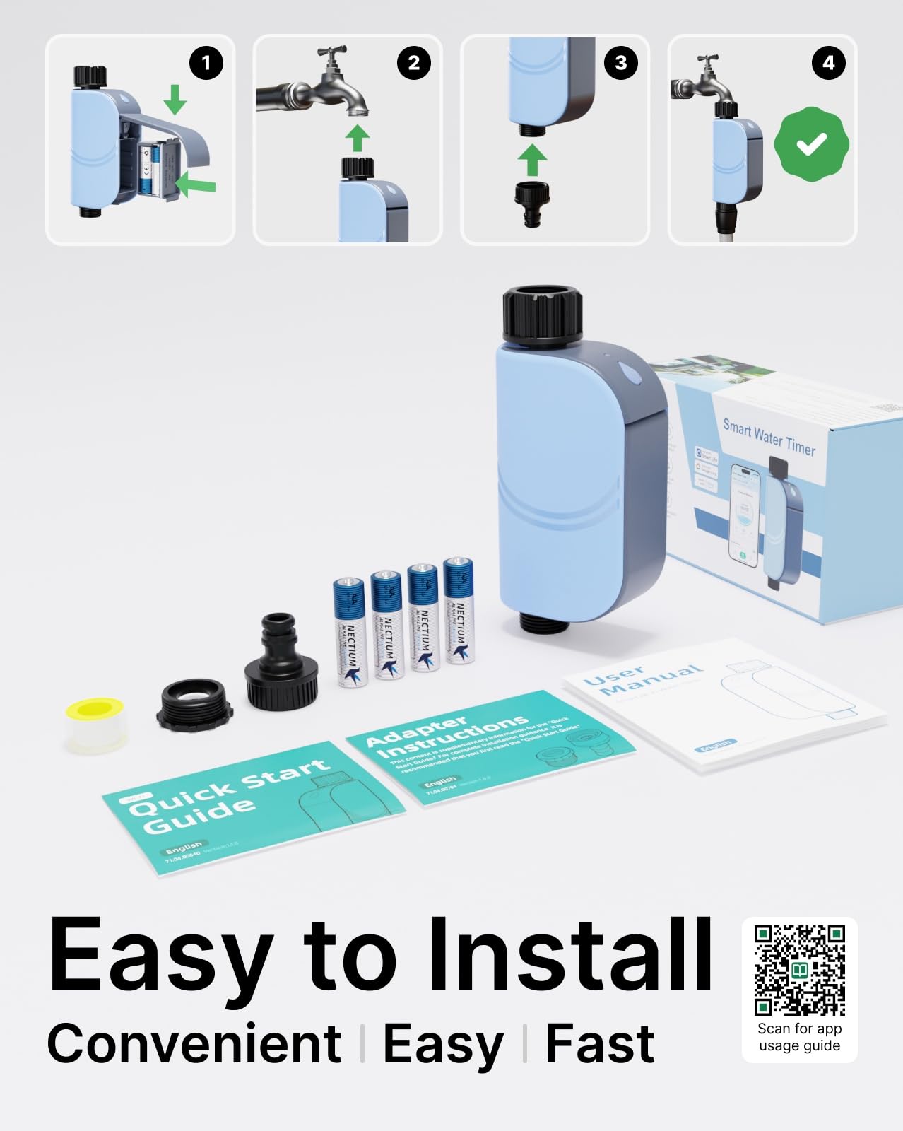 Ordinateur d'irrigation WiFi : WiFi Direct, IP65 étanche à la poussière et à l'eau, 4 piles, plusieurs modes d'arrosage avec minuterie ou dosage, journal d'irrigation, pour jardin, pelouse