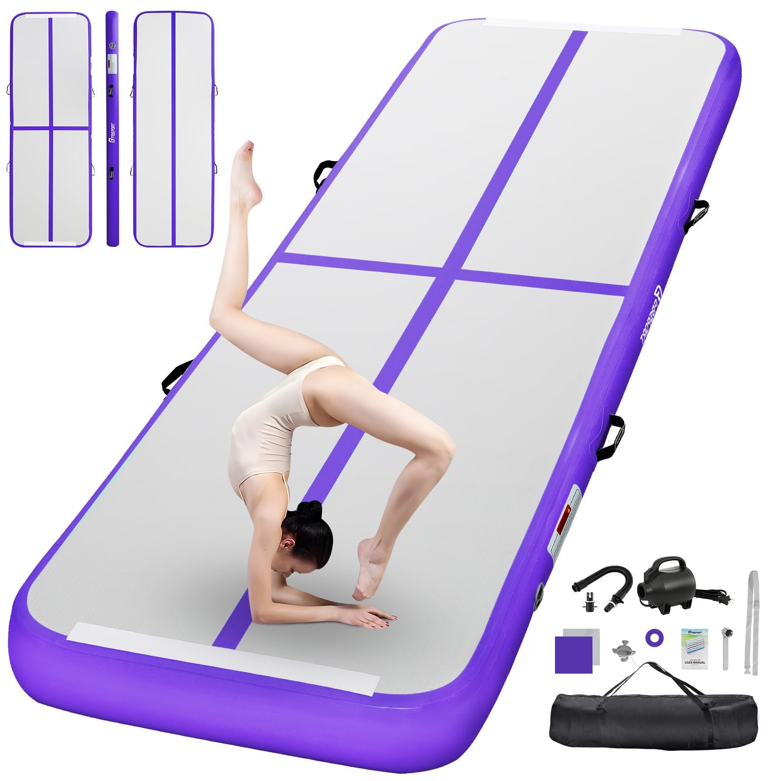 FBSPORT Airtrack Matte,10/20cm Hoch Verdicken 2/3/4/5/6/ M Tumbling Matte,Gymnastikmatte mit Luftpumpe,Trainingsmatte mit Tragetasche,Turnmatte für Zuhause, Outdoor,Yoga, Übungsgymnastik usw
