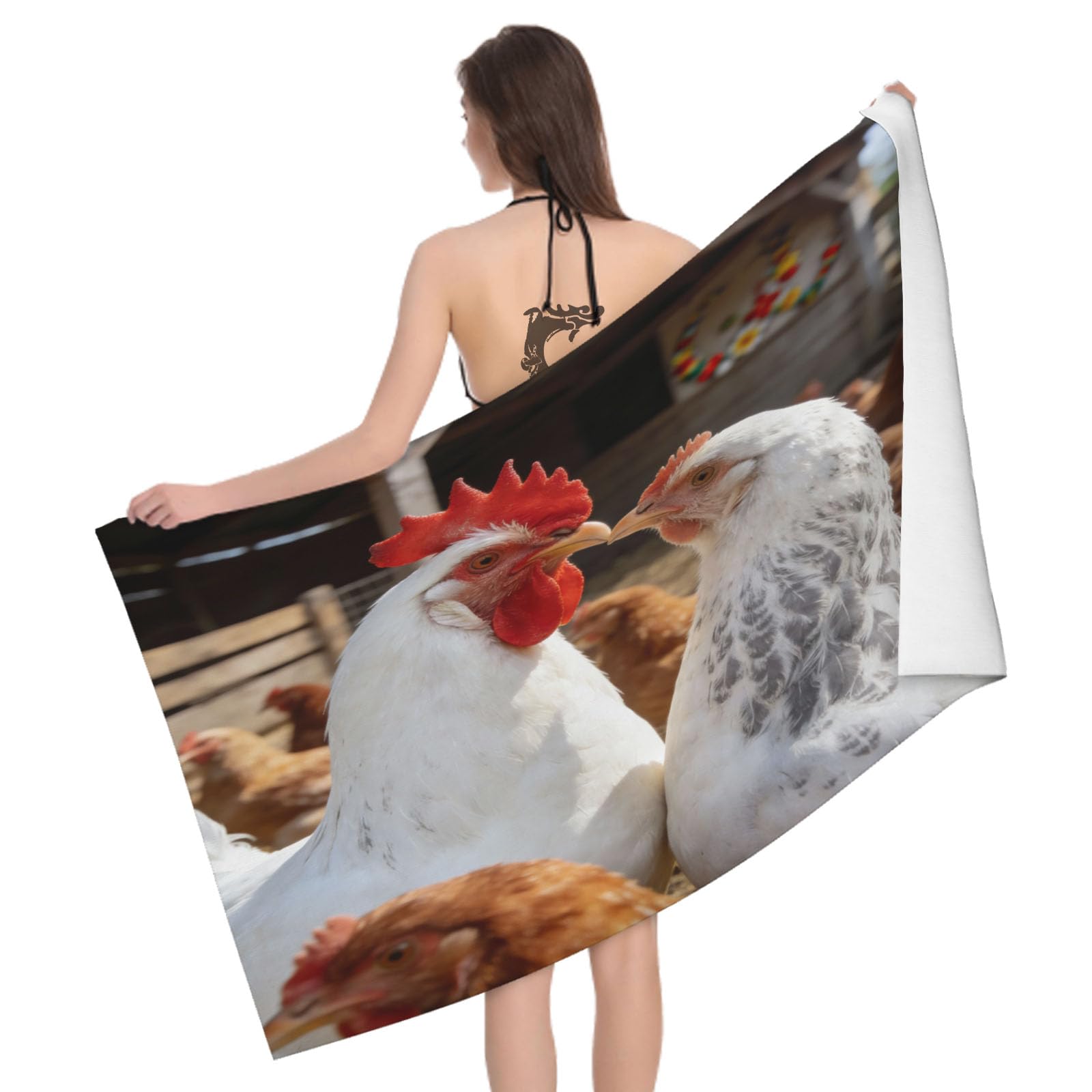 Leichong 3D Chicken Beach Towel Large Microfiber Soft Quick Dry for Adults, Farm Bath Towel Lightweight Soft Absorbent for Travel Swimming Pool Sports, 180 x 90 cm