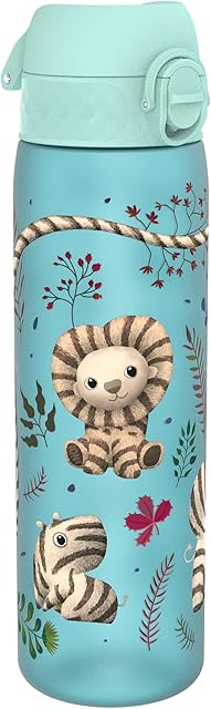 Ion8 Butelka na Wodę, 500 ml/18 oz, Szczelna, Łatwe Otwieranie, Bezpieczny Zamek, Można Myć w Zmywarce, Bez BPA, Uchwyt do Przenoszenia, Łatwa Czyszczenie, Bezwonny, Motyw Wentylatory Zebry
