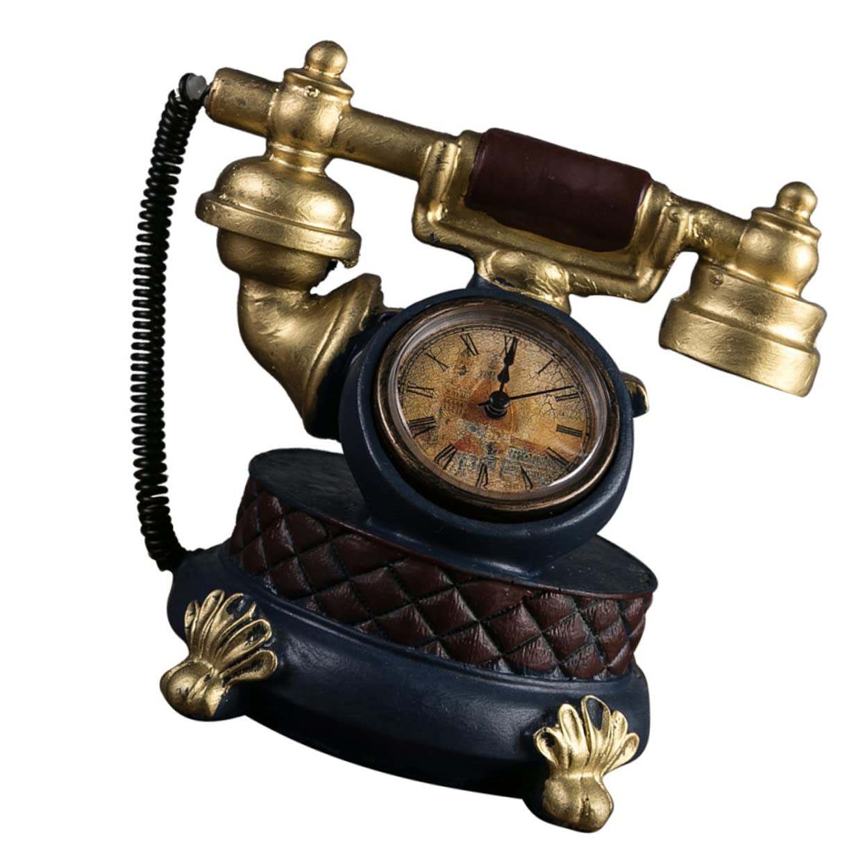 HOODANCOS 1Pc Retro Resin Telephone Model Clock Golden Tabletop Decoration for Home Vintage Style Photo Prop Unique Desk Ornament for Family Friends