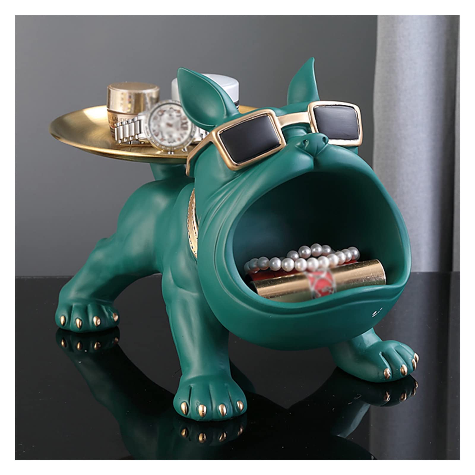 Miska na klucze na stół wejściowy i miska na cukierki naczynie na biurko biurowe zabawny stolik kawowy, mops buldog francuski statuetka retro figurki z żywicy do dekoracji domu jako prezent, miska na cukierki i uchwyt (rozmiar: zielony)