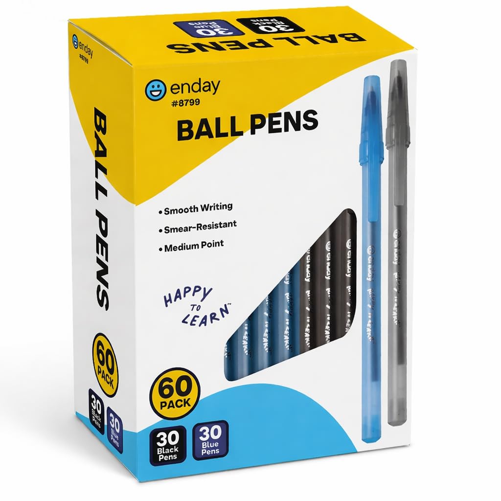 Enday Pens Ballpoint (60 Pack) 30 Blue & 30 Black Pens, Ink Pens Bulk, Medium Point 1.0mm, Smooth Writing Ballpoint Pens, Comfortable Grip Ball Point