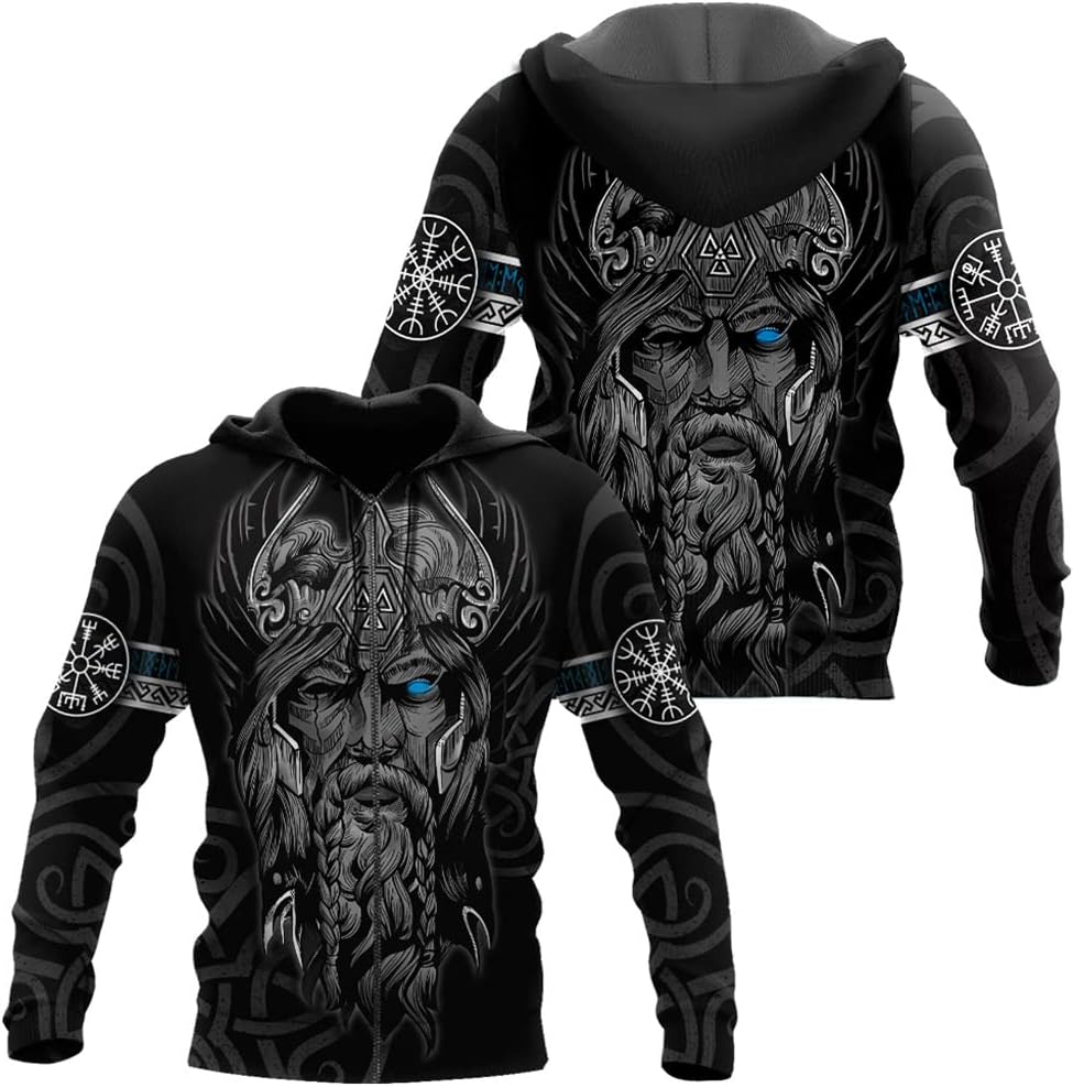 Men Nordic Mythology Odin 3D Tattoo Sweatshirt, Novelty Viking Pattern Hoodie Zip Pullover Streetwear Casual Jacket,Pullover,L