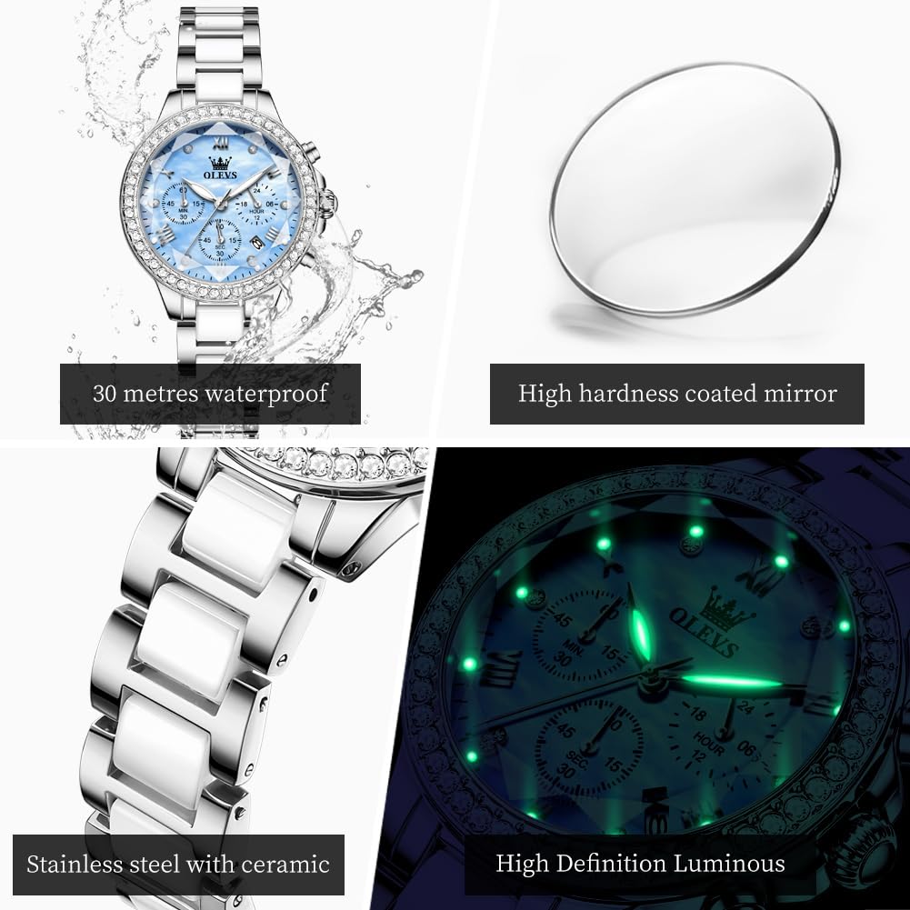 Orologio da donna in ceramica di lusso, con cronografo con cristalli scintillanti, orologio analogico al quarzo con 6 lancette con data, lancette luminose, impermeabile, elegante orologio da polso da