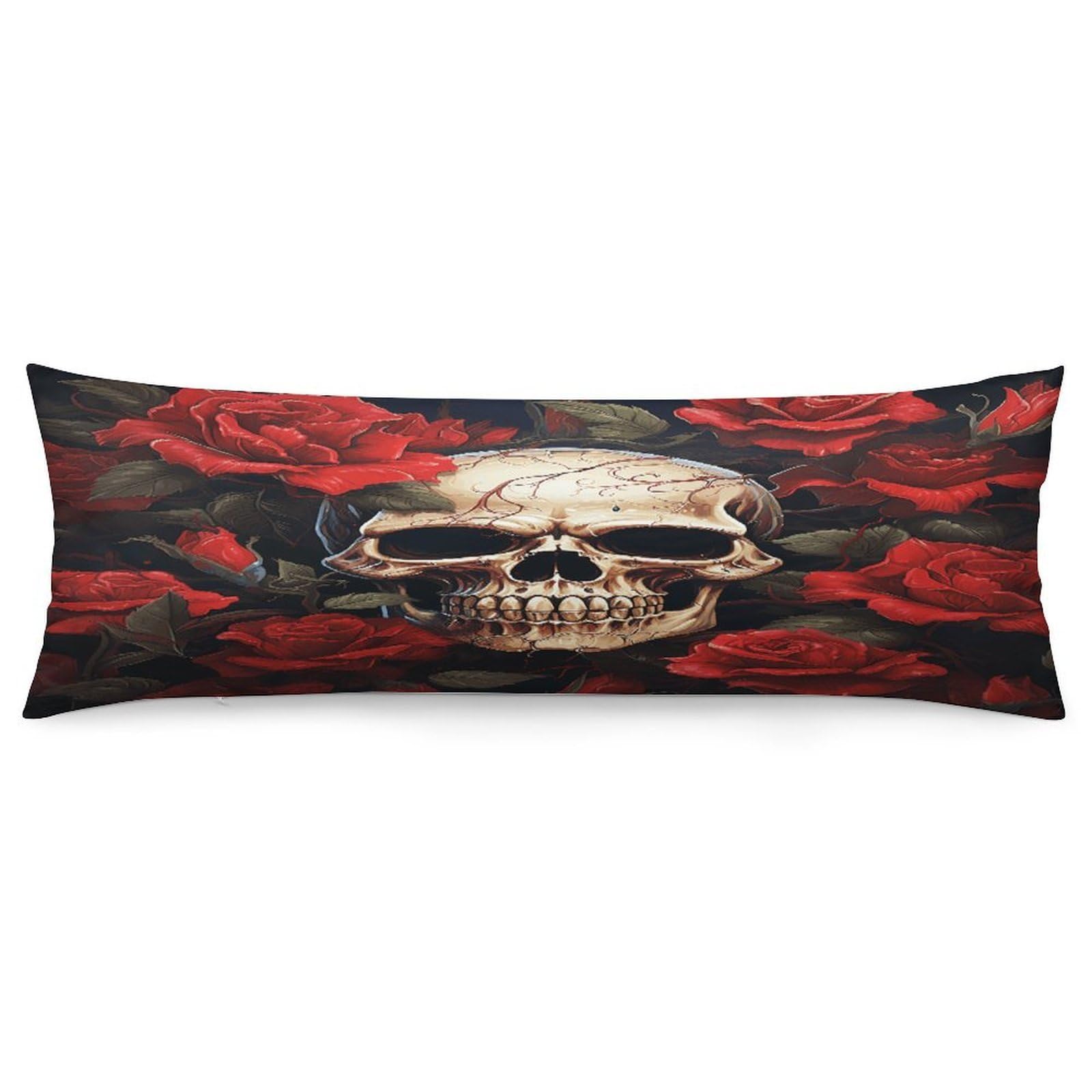 Body Pillow Pillowcase 19x53 Inch Skull Rose-Red Print Body Pillow Cover with Hide Zipper Super Soft Cozy Long Pillow Case Rectangle Long Body Lumbar Cushion Case for Bedroom