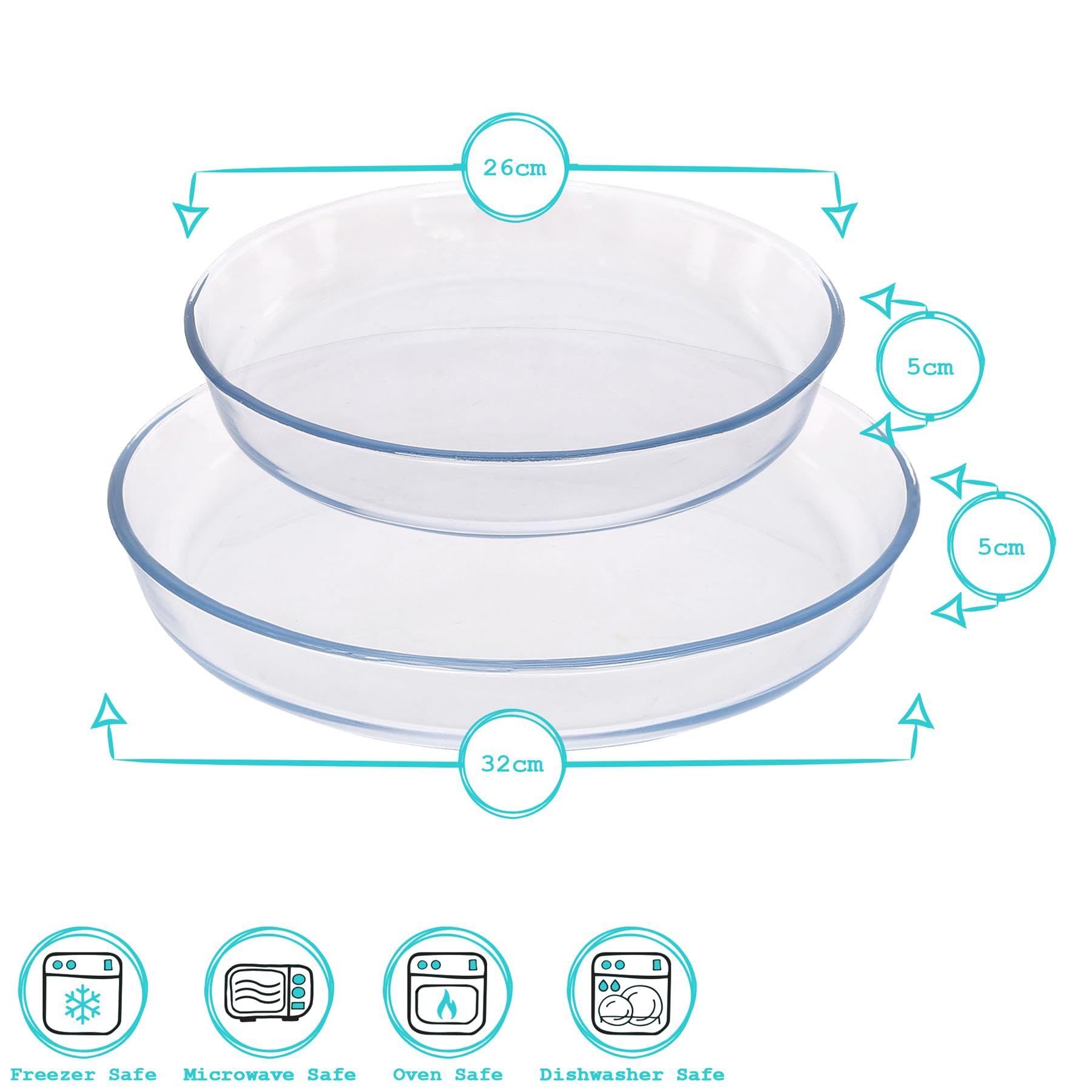 Argon Tableware Plat à Four Rond en Verre Set - 2 Tailles - 2pc Profond Pâtisserie Casserole Lasagne Grillage Rôtissoire Plateau de Cuisson Bol | Compatible Micro-ondes et Congélateur